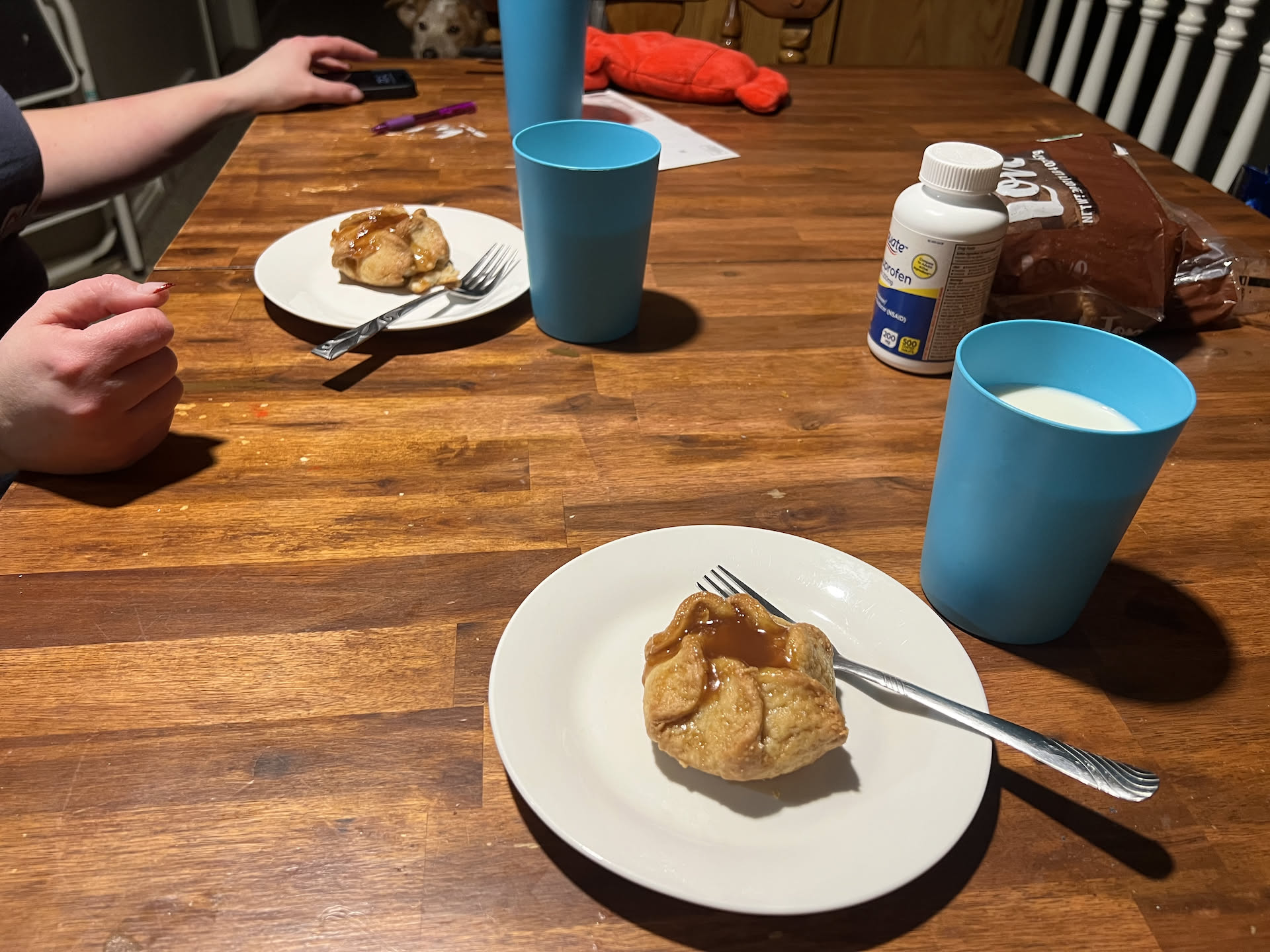 When she was done, Nick had a snack waiting for her to enjoy with him… Carmel Apple Blossoms with a glass of milk.