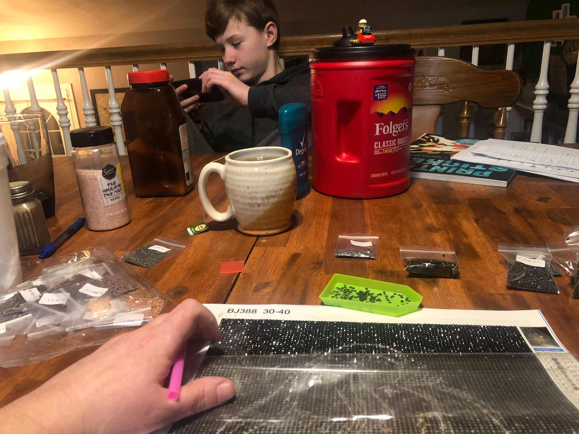 I did my diamond painting while he watched YouTube.