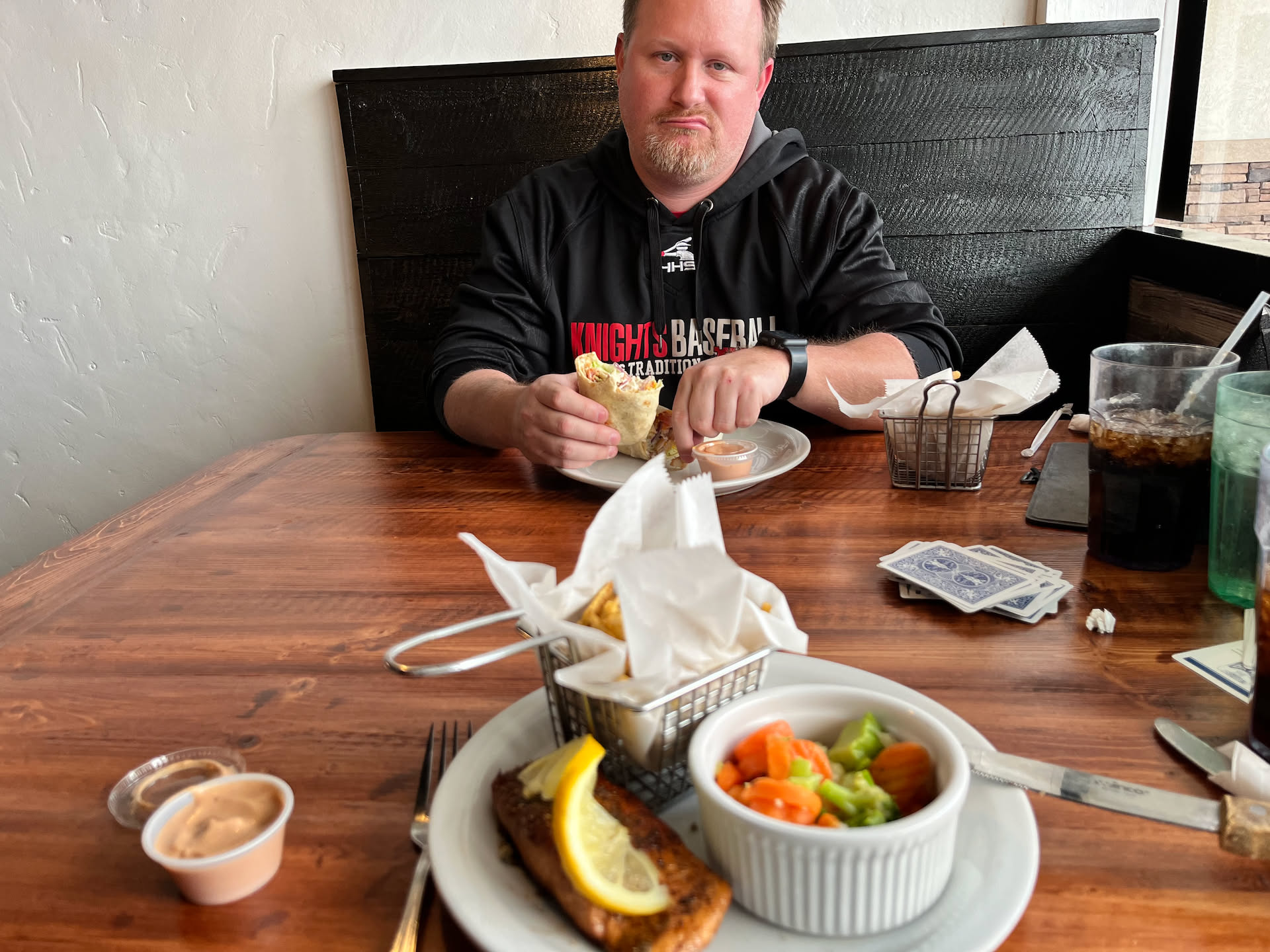 Dinner was at a local to their restaurant called Red Rabbit. Was really good food. Nick got a chicken bacon avocado wrap, and Deanna got salmon. Nick isn’t making a face cause the food is bad… its more because all the food pictures are of him and the food lol.