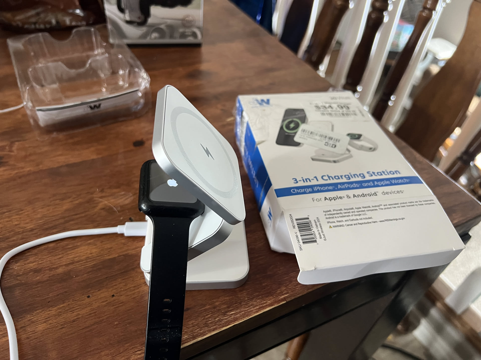 After work today, Nick went to the Big Deal Outlet 70% off sale they were having.. and this is the new phone charger Nick got that also does his watch, and ipods if he owned one.