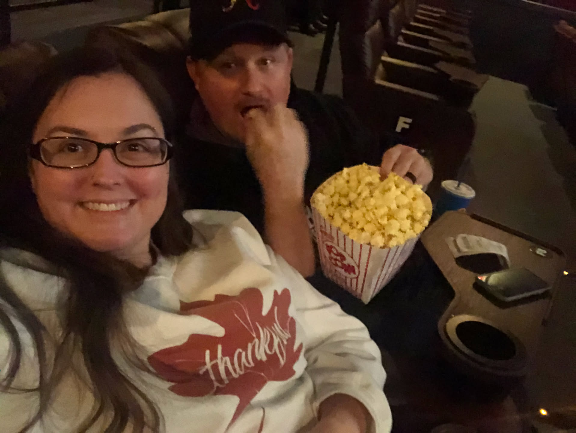 Then we got to finish the evening with a movie (Chaos Walking). This theater is newly upgraded with soft leather seats that rock and tray tables.