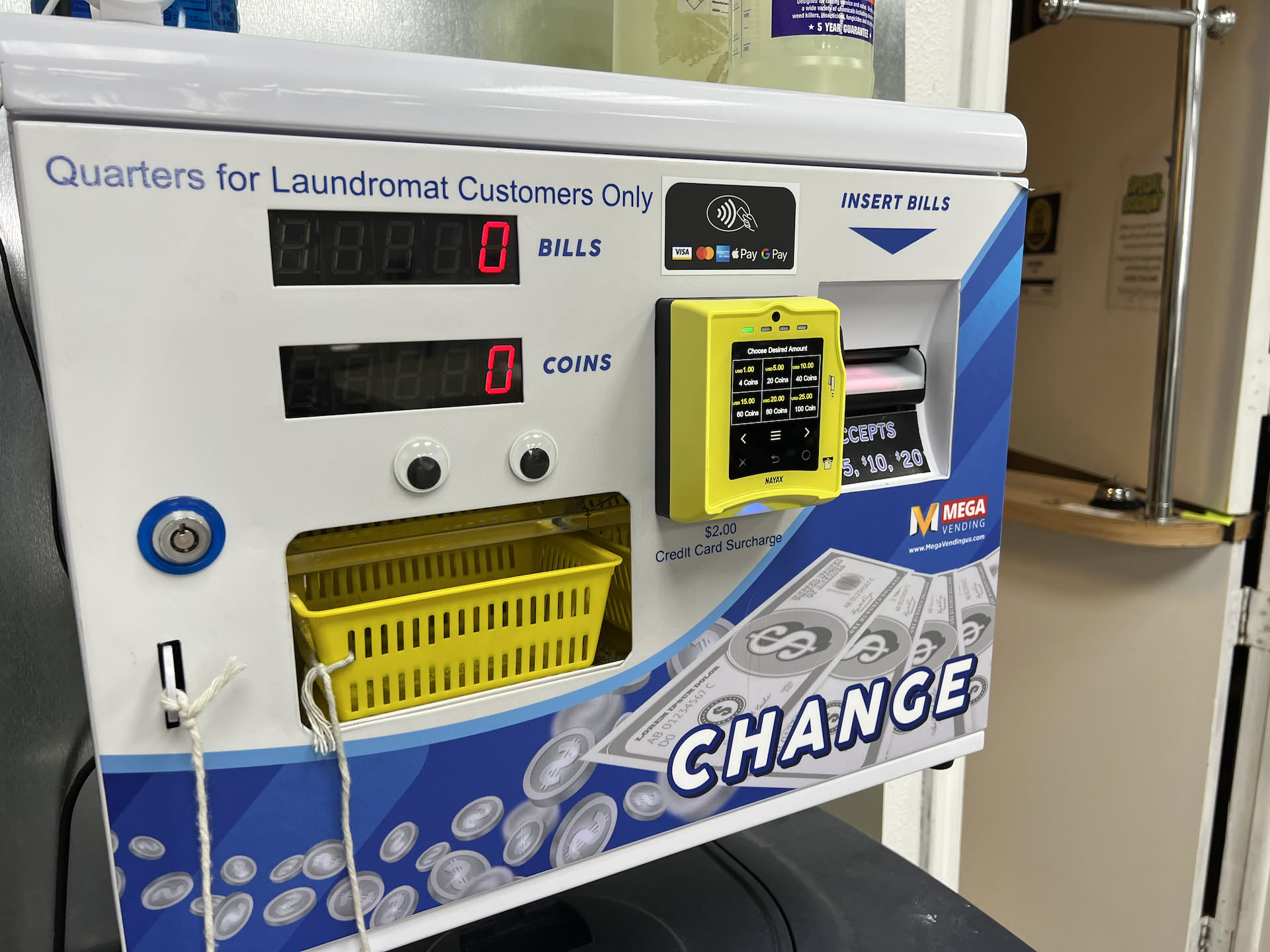 We finally got the new card reader in and installed on the change machine… and Deanna was a hero and worked with the guy over the phone to get it up and running!