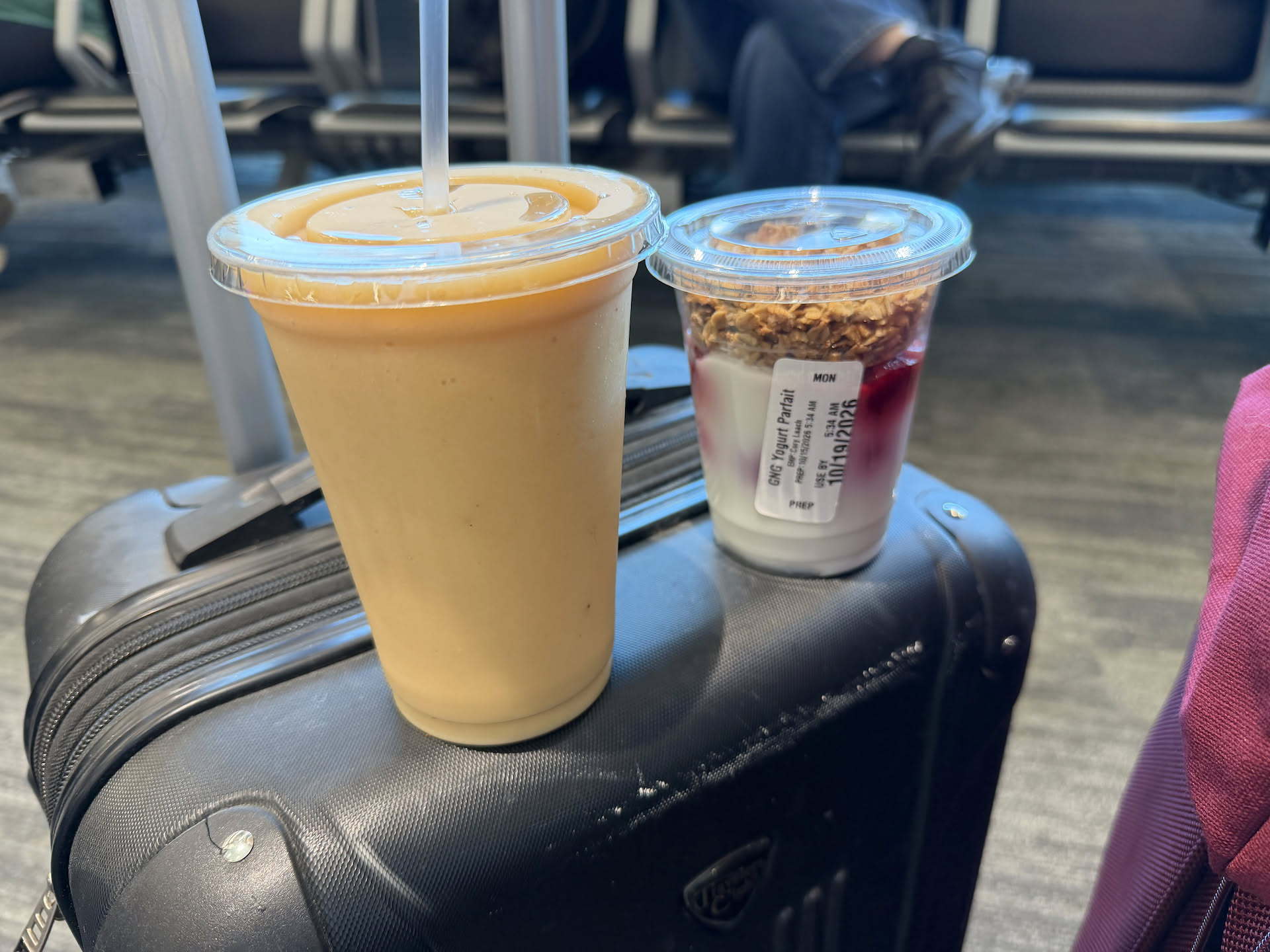 Because of our short connection and over 6 hours of flying, I decided to grab a parfait and a smoothie… $24 hahhahaha