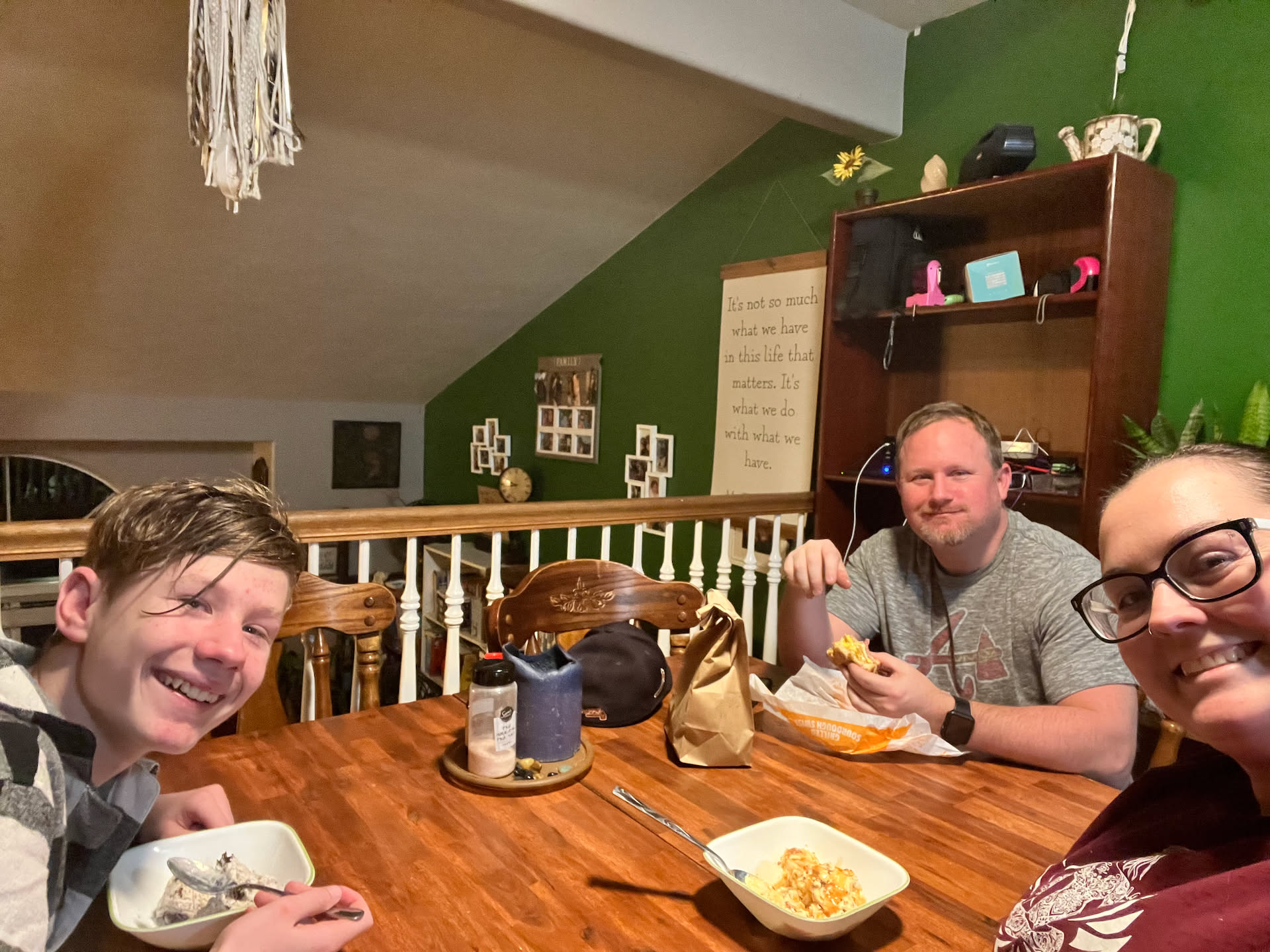 After bowling, Nick grabbed dinner from Jack in the Box, and Deanna and Avery had a snack so we could all sit at the table and talk about our day.
