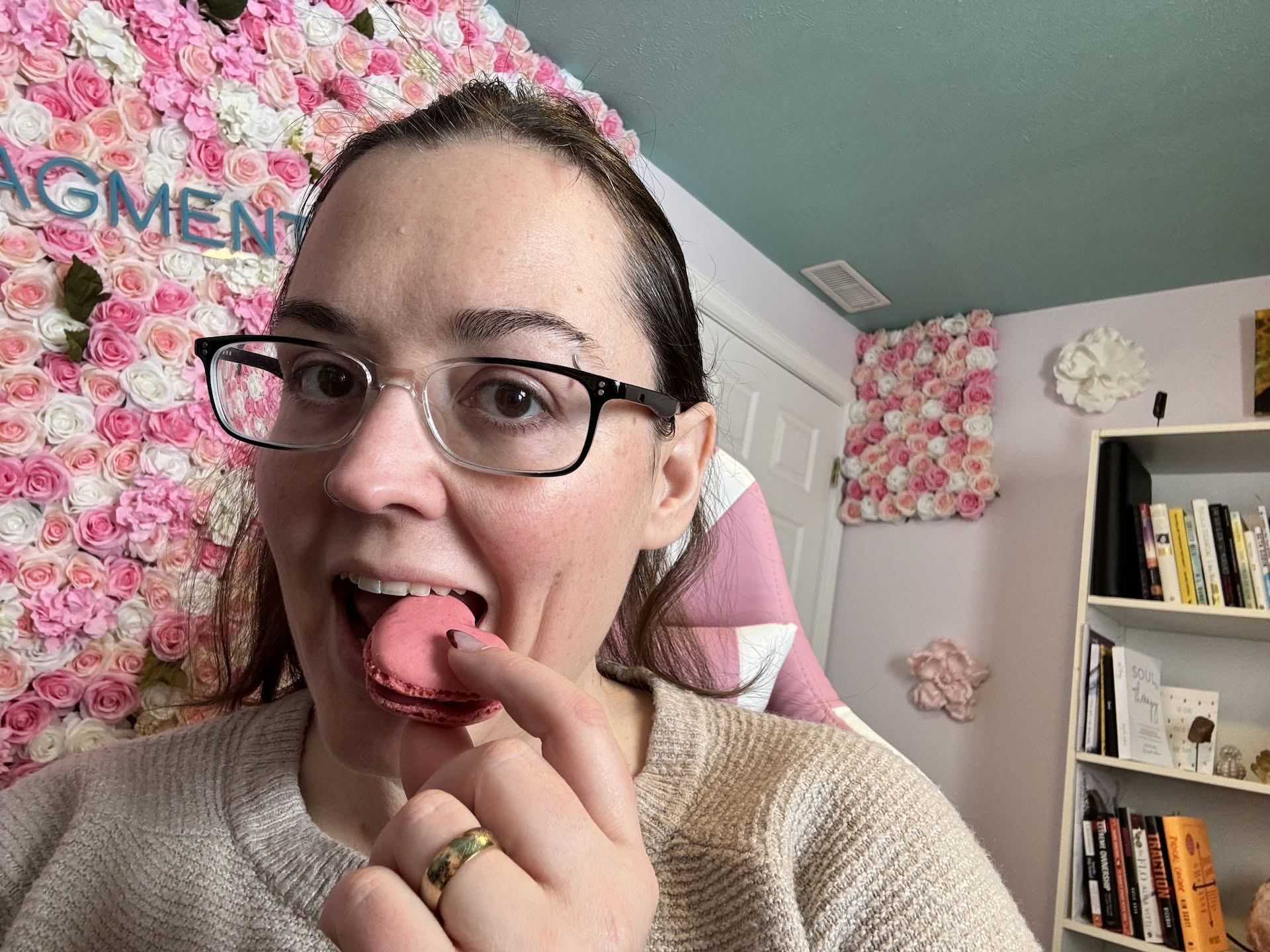 Deanna having a little treat from the Valentine’s gift she got on Thursday.