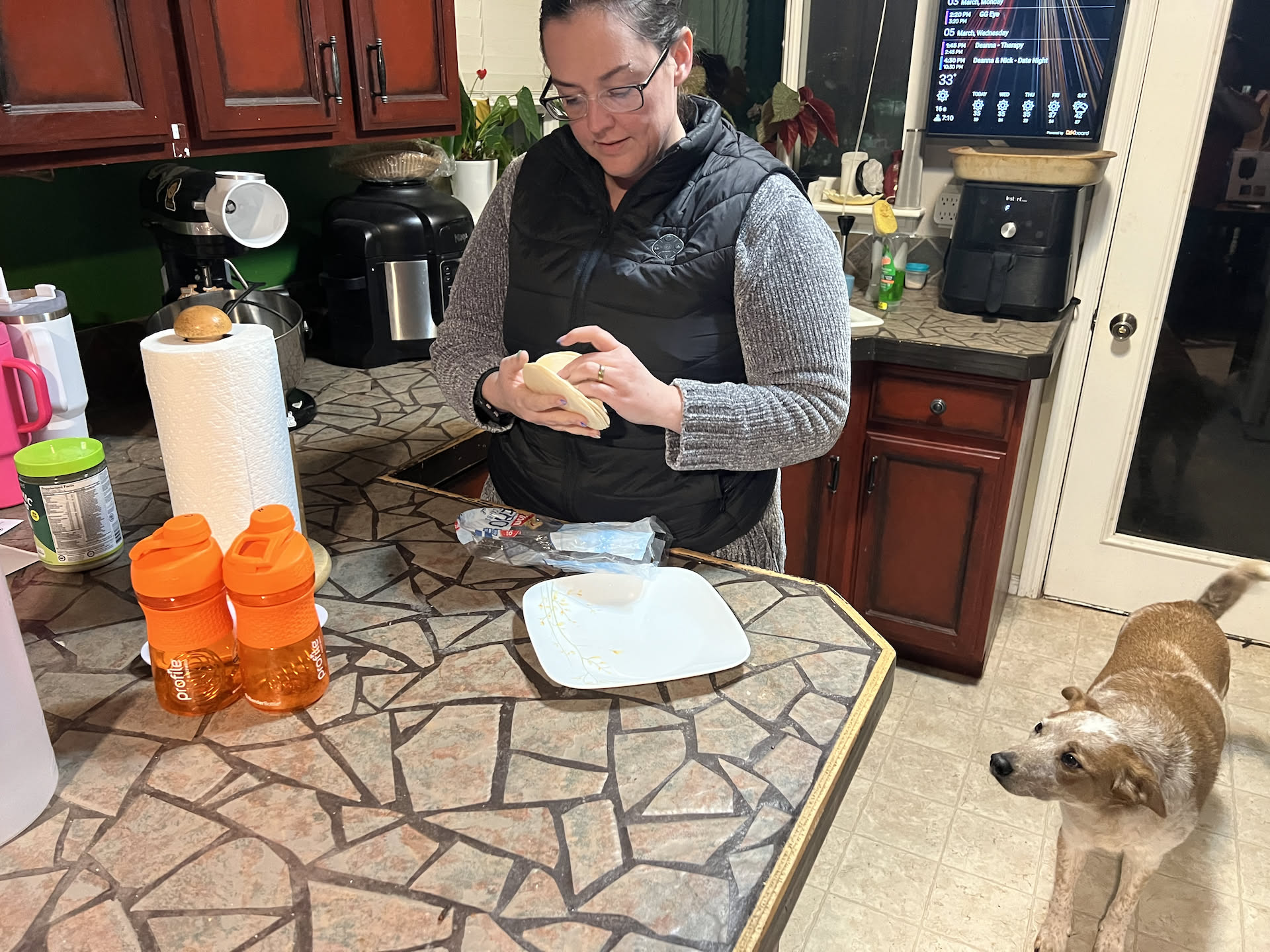 When Deanna got home, she made herself a small quesadilla for a snack.