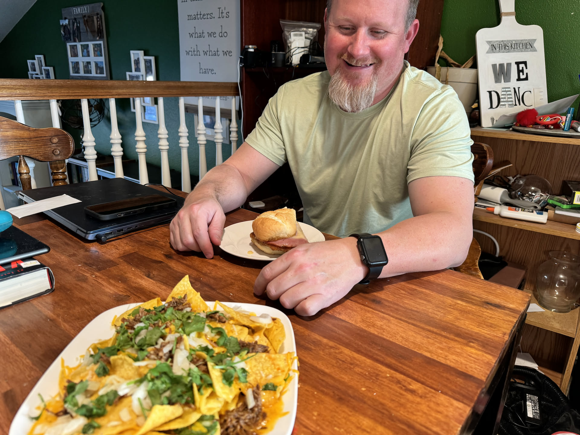 We were having some leftovers for dinner… Deanna went fancy with hers and used the leftover Barbacoa to make nachos, and Nick just had the other half of sandwich from dinner yesterday.