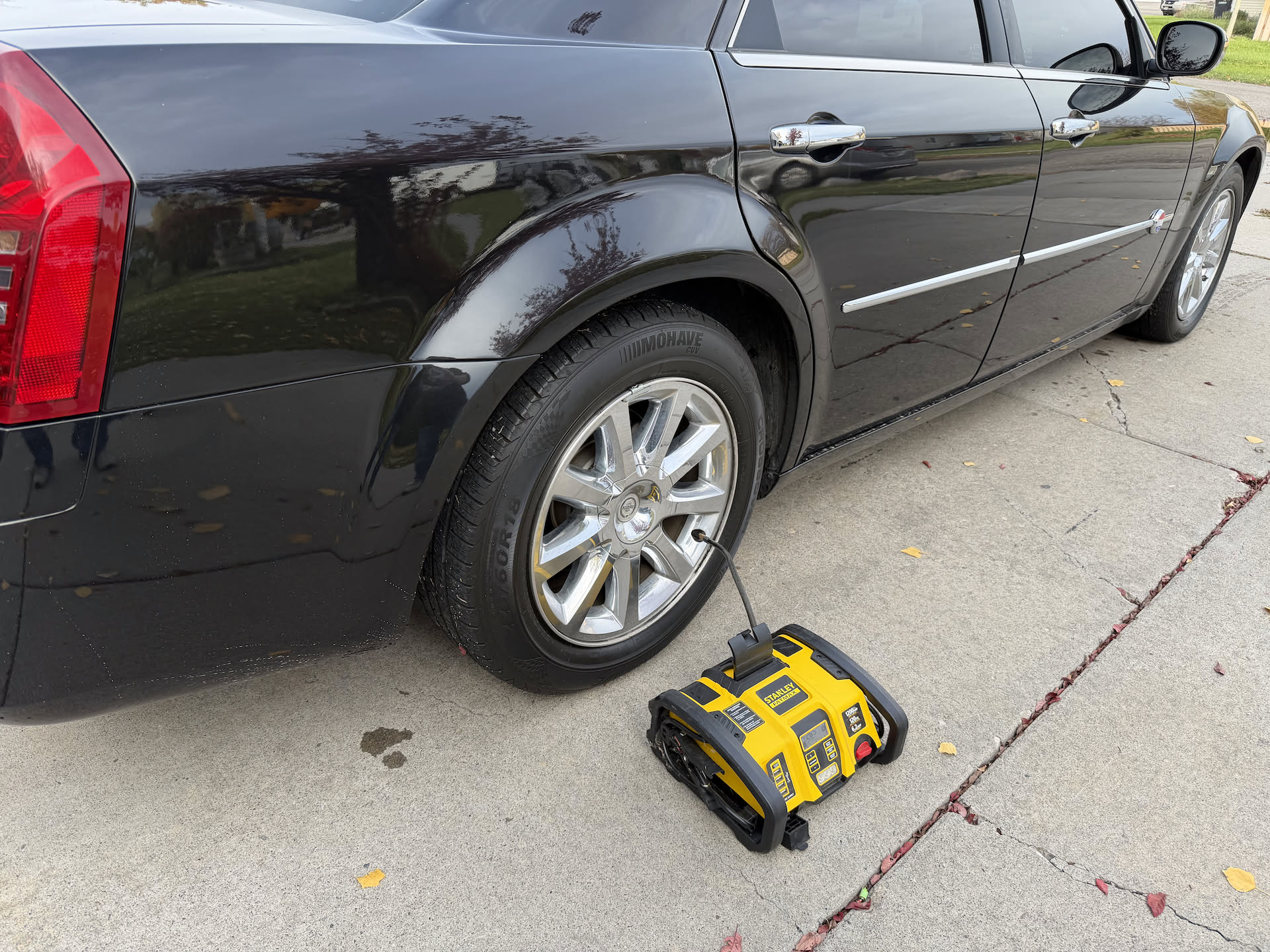 Maintenance on the vehicles… making sure air pressure is correct.