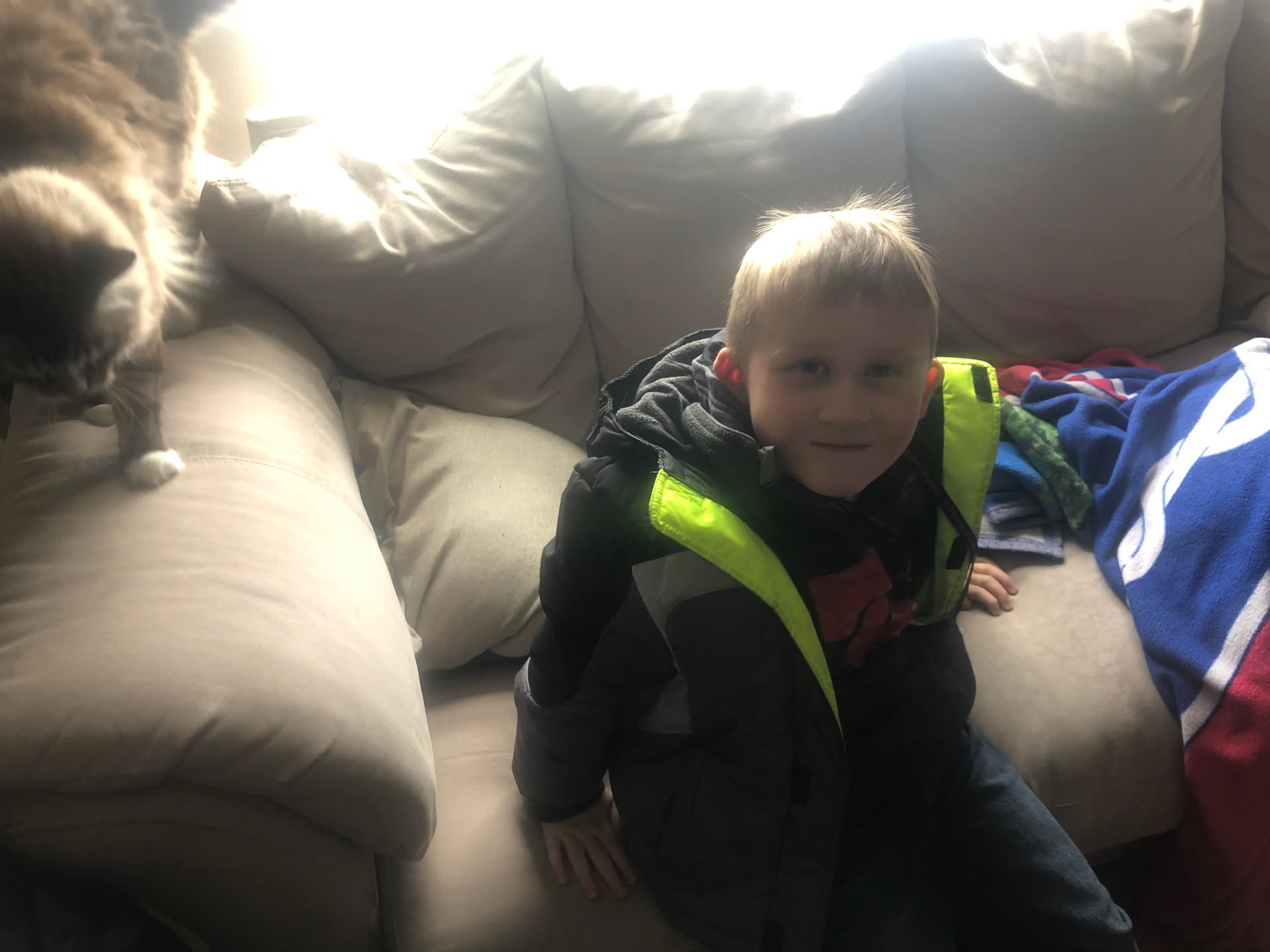 Ethan getting ready for his mom to pick him up.