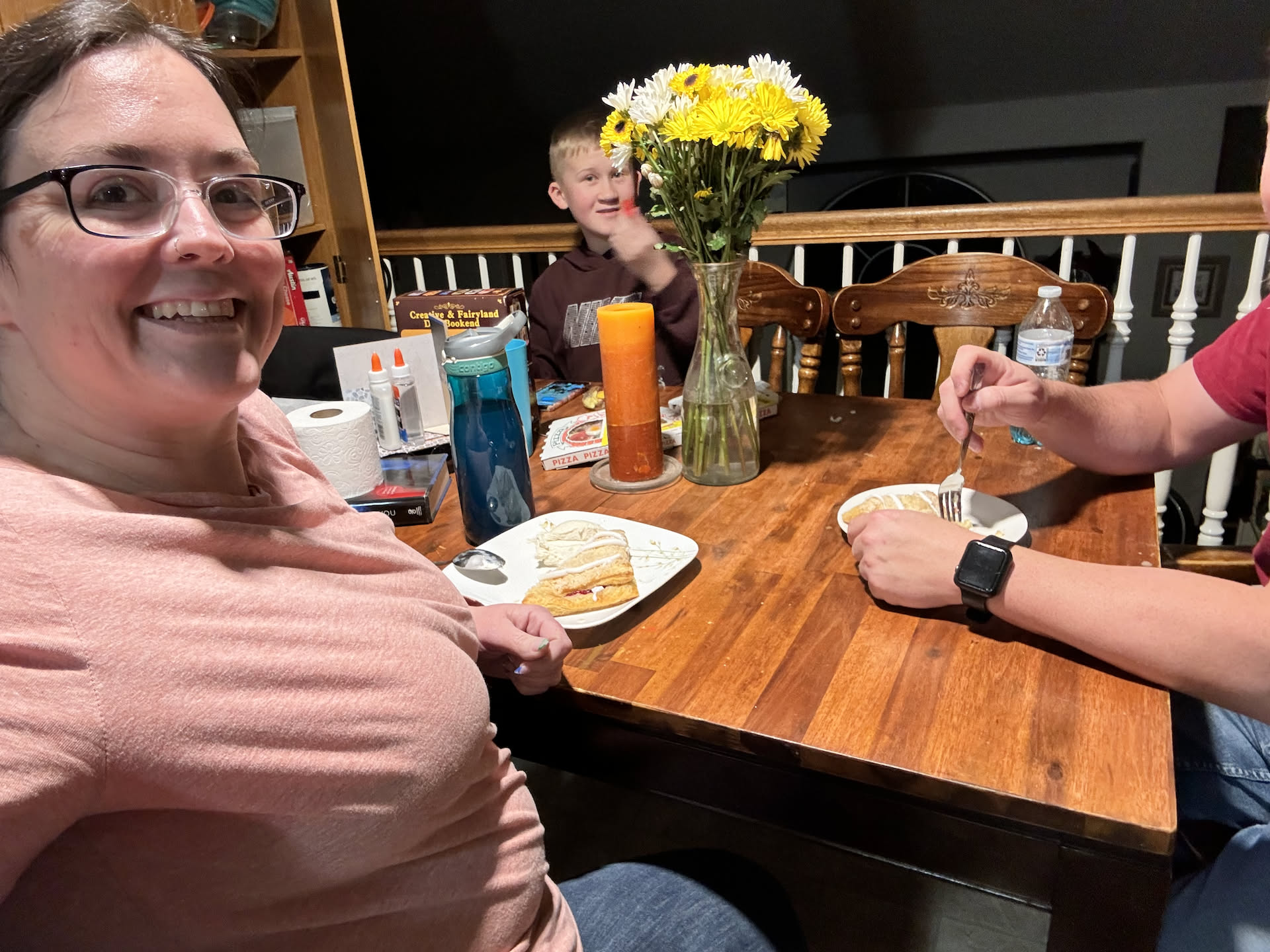 For a treat, Deanna and Nick had cherry turnovers, and Ethan had a gummy pizza.