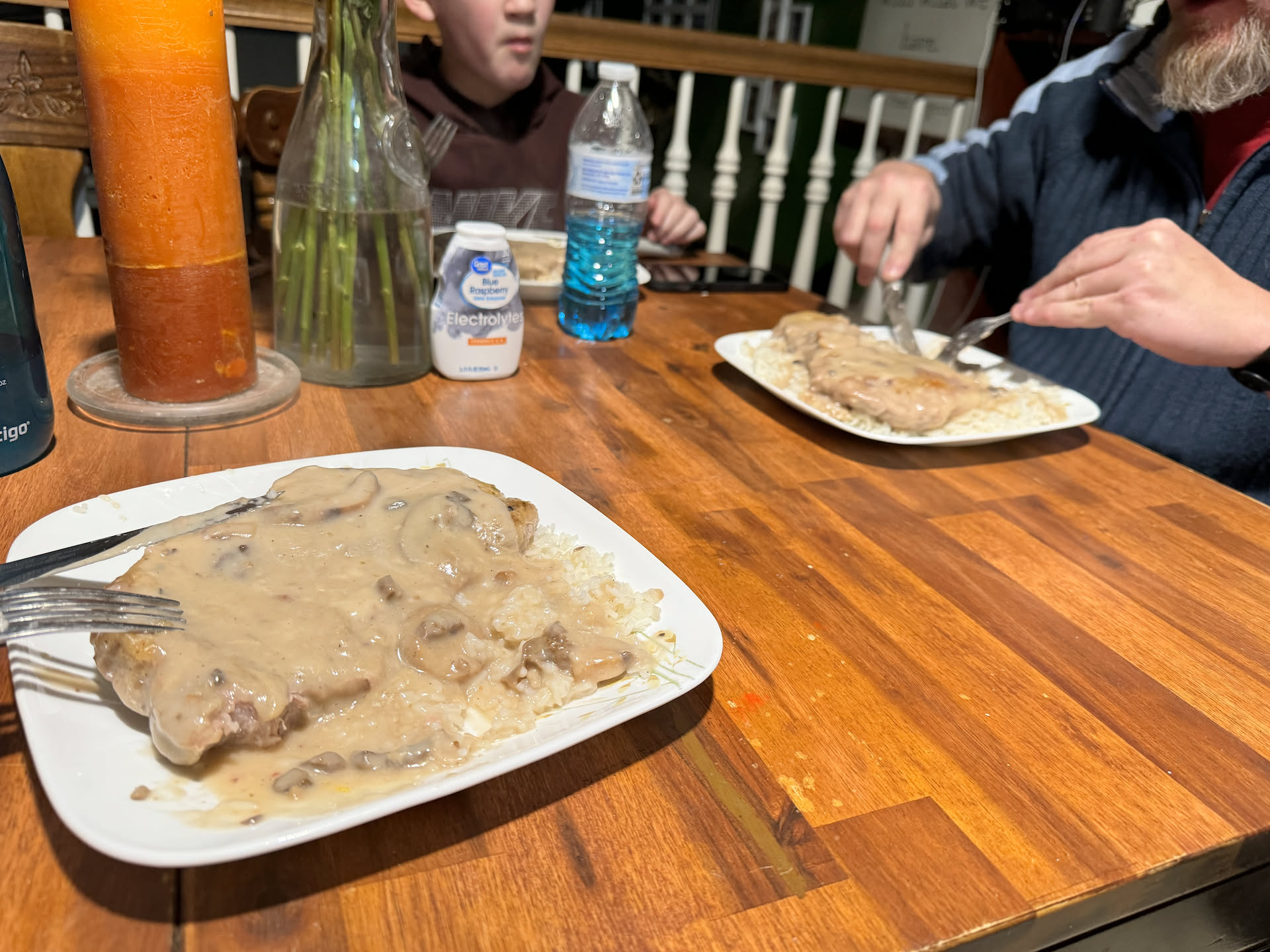 Because Nick’s birthday turned into a regular party, we didn’t have his birthday dinner, so we had it tonight. Pork Blade Steak, over top white rice, smothered in cream of mushroom soup.