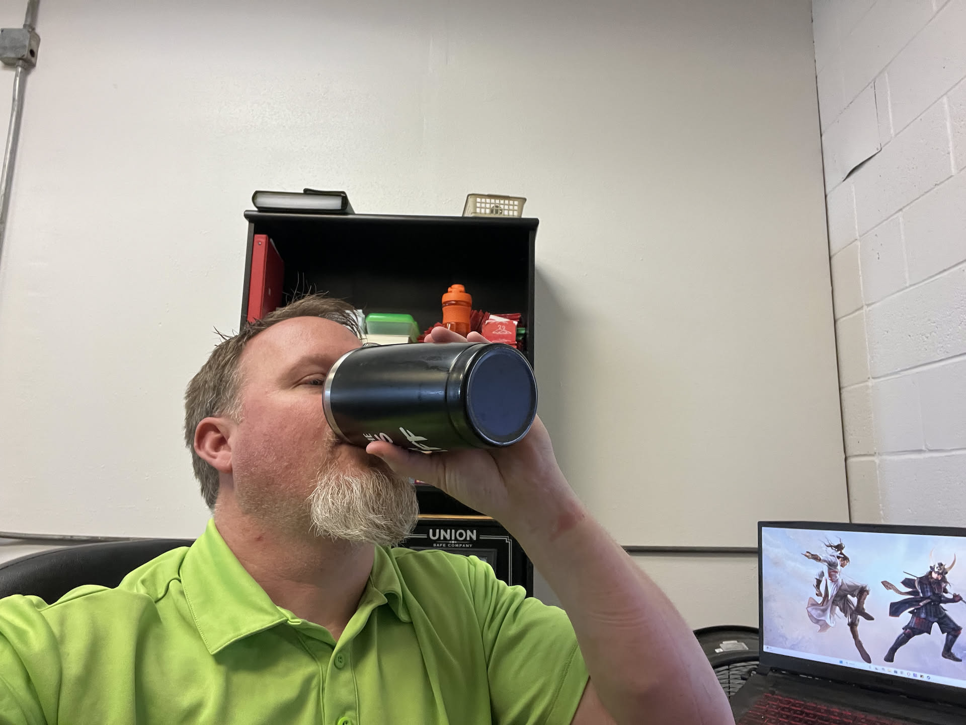 Late afternoon and Nick is still trying to choke down the new coffee.