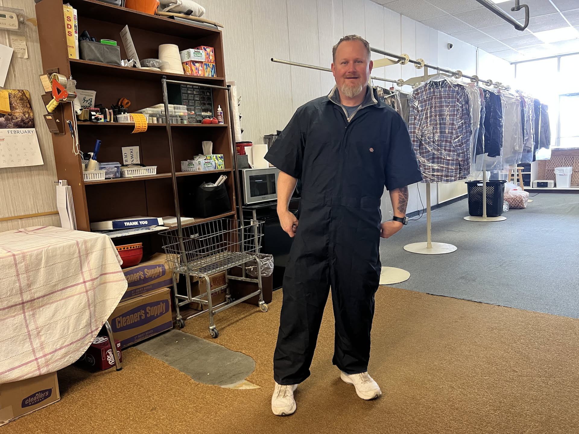 When we went to the DI yesterday, Nick picked up some Dickies coveralls, that someone donated and hemmed at the bottom, and so he tried them on just today and boom, they fit him good even though he is short.