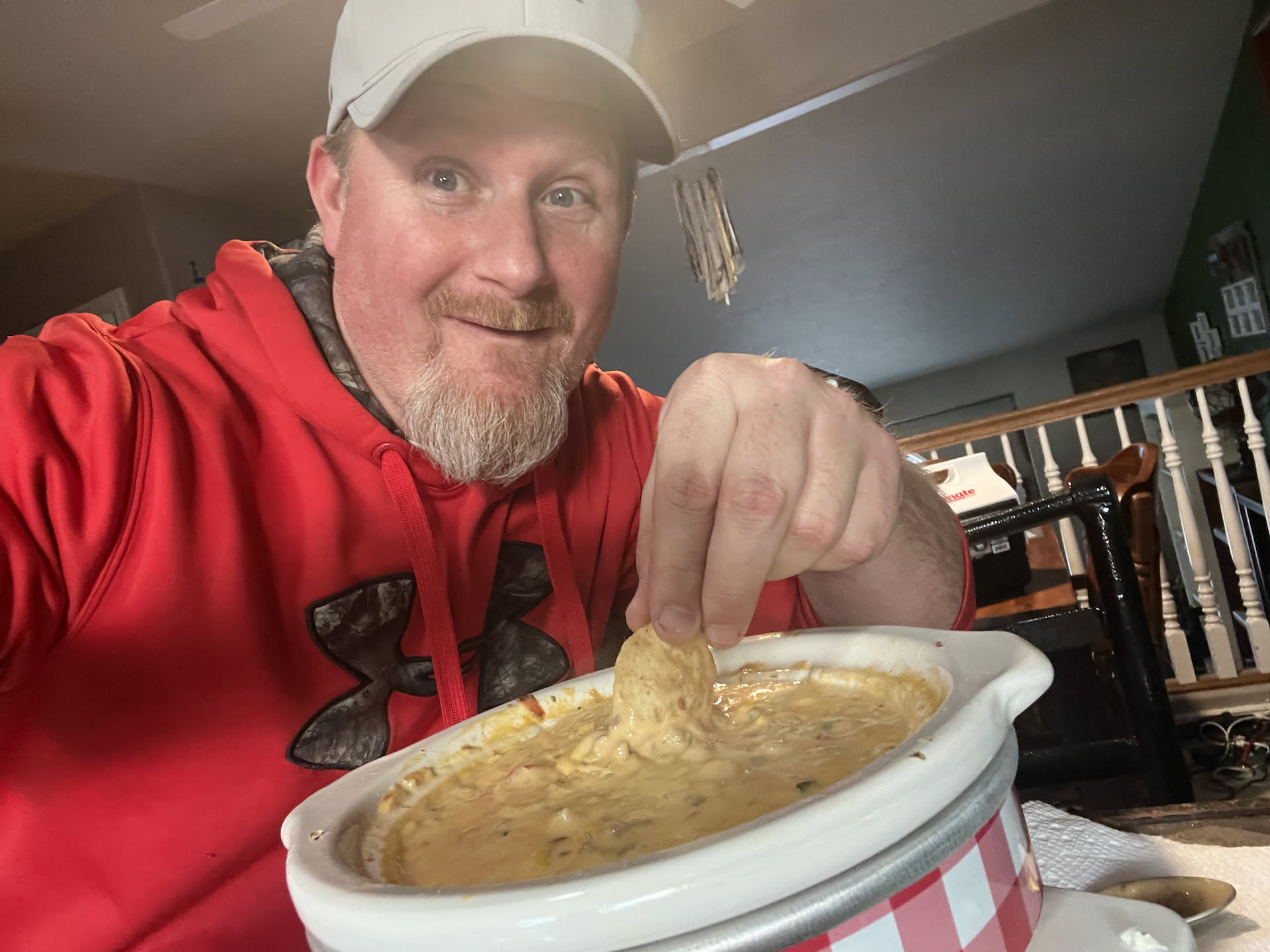 Nick finally made it home, and what does he do? Digs straight into the Talbot dip… heaven!