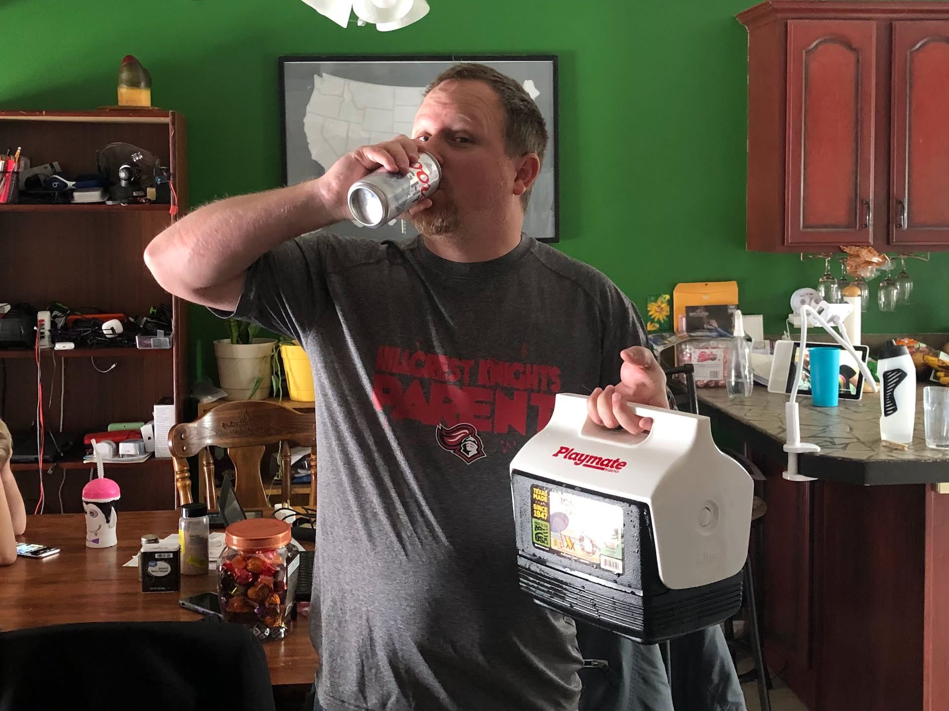 Nick and his new little cooler. No more warm beers, or having to get up to go to the fridge. Laziness level upgrade +2