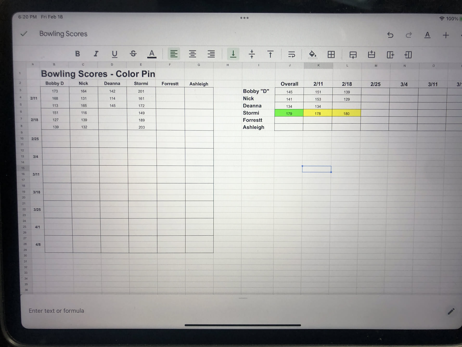 Nick was bored, so he created a spreadsheet to track the Color Pin League scores of our close friends, automatically calculate averages and highlight the winner… NERD!