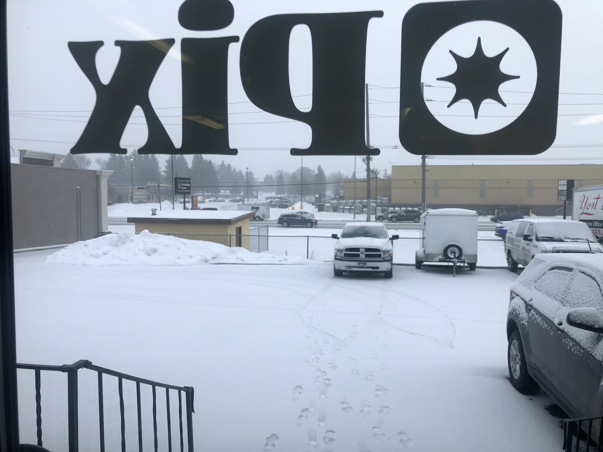 Snowing super heavy again… here is the view out the front door of Pix.