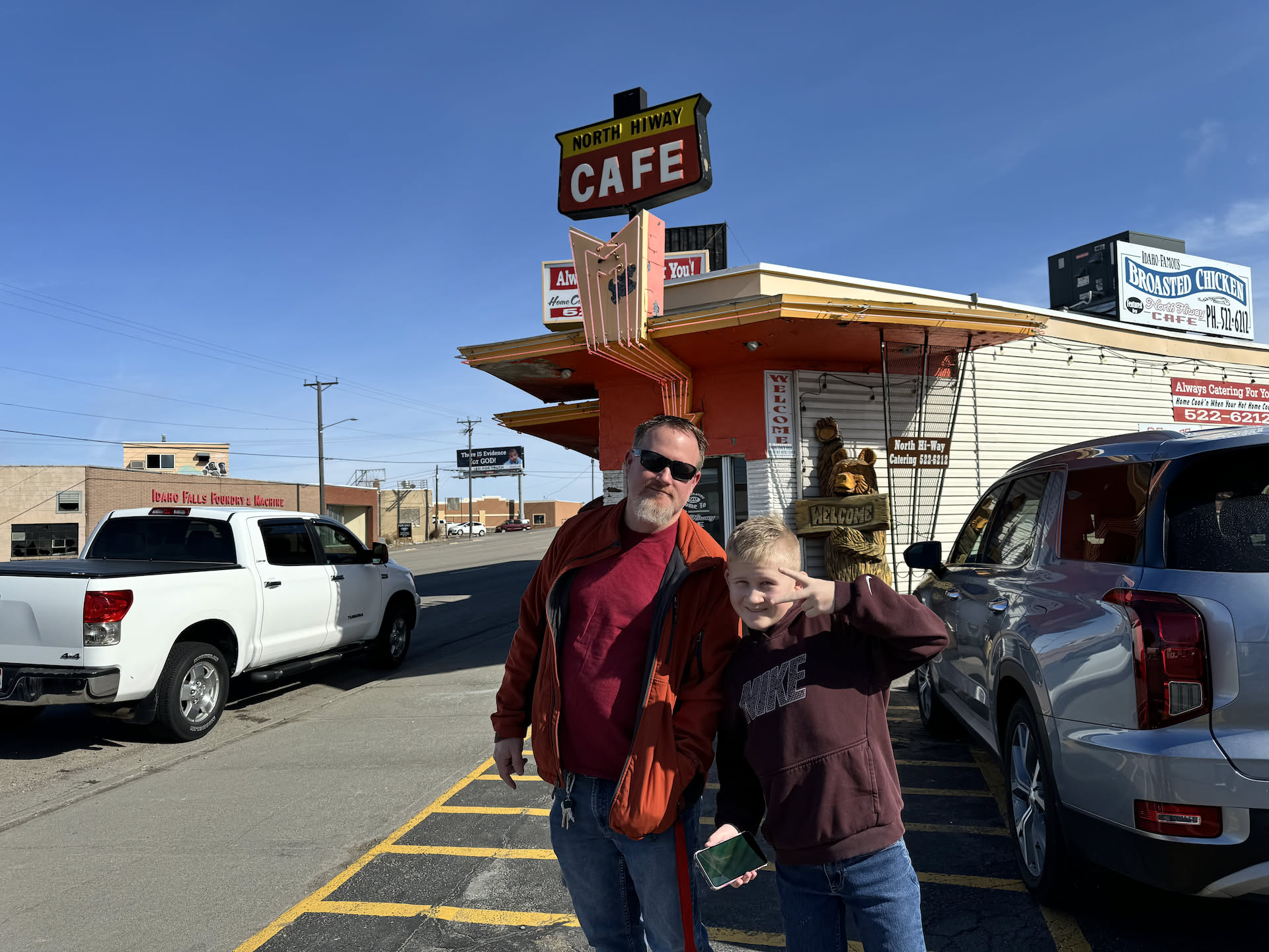 Early morning hang over. We went to pick up Ethan and then headed to North Highway Cafe for some breakfast. First time for Nick and Ethan.