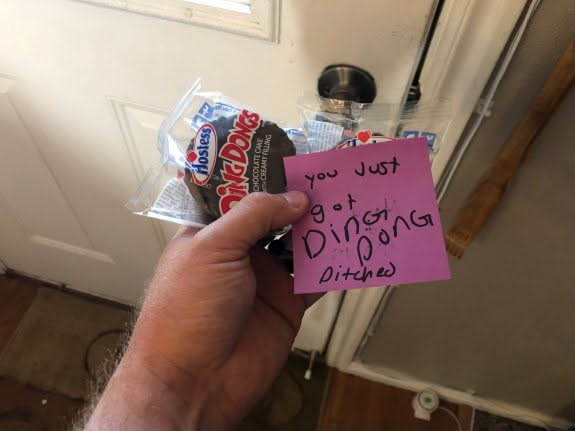Some little girls ding dong ditched our door today and left these outside… we thought it was cute, then later found out it was a girl that has a crush on Avery.