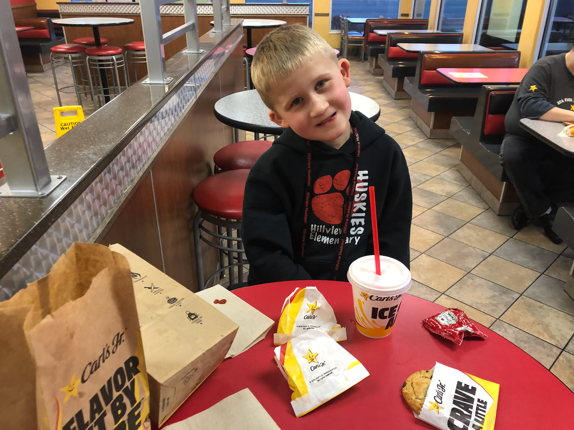 Since Deanna went to the hockey game, it gave Ethan and Nick some quality time to hang out. I took him to Carl’s Jr for dinner.