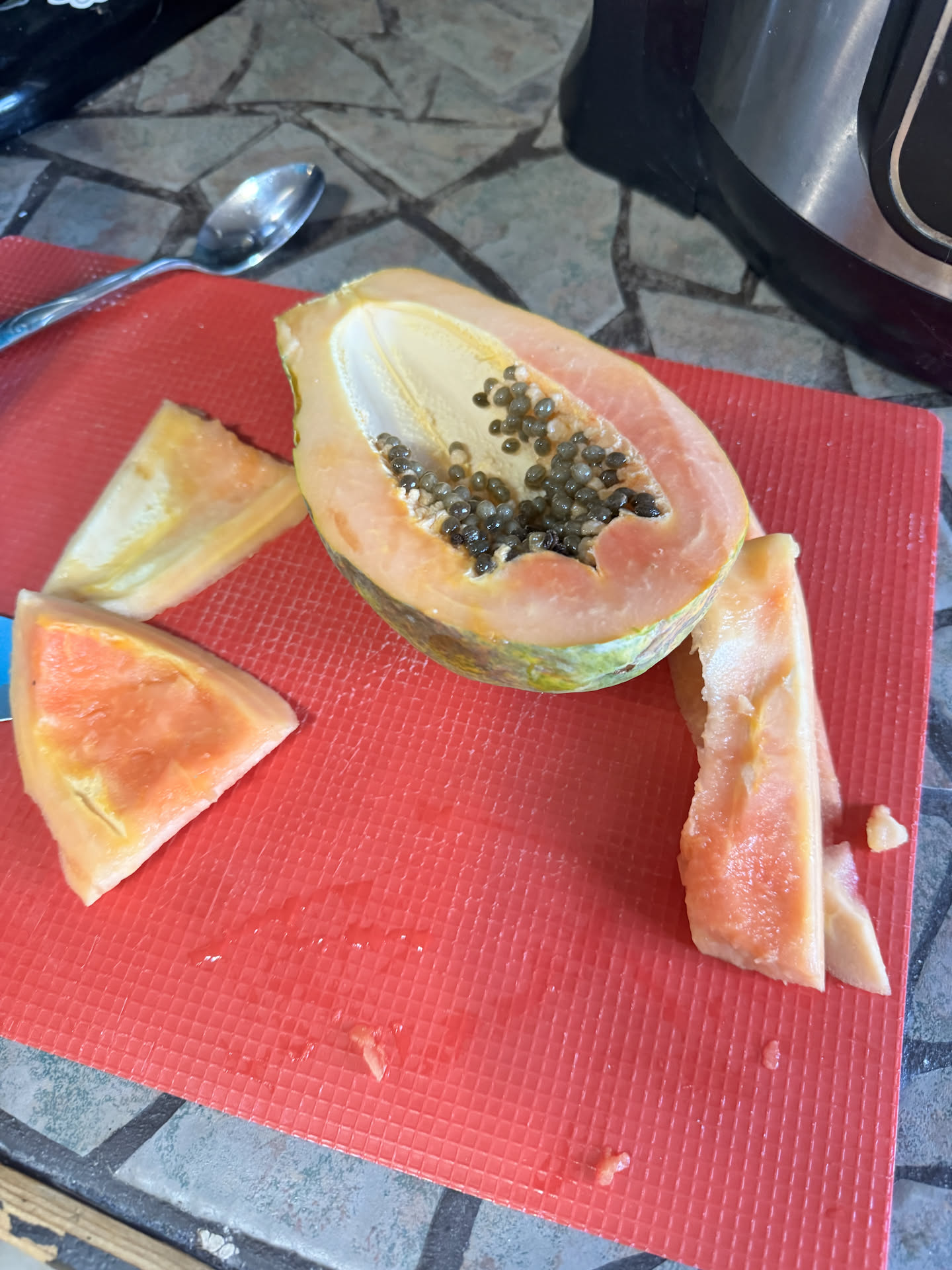 This week’s new fruit to try is Papaya… Avery thought it was ok, the rest of us didn’t like it.
