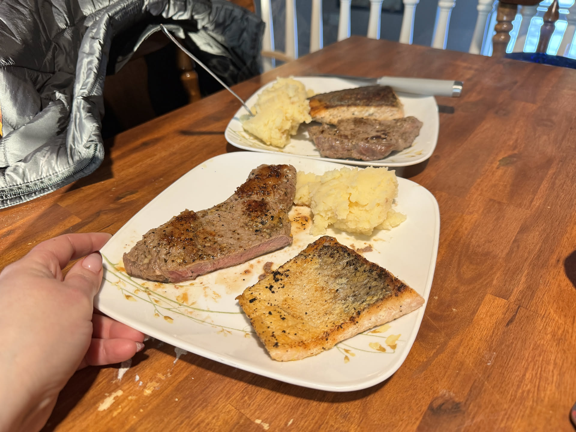 Deanna and Avery took advantage of Nick being at work and had fish and steak for dinner. Deanna said the fish ended up being rancid. It went bad in the package… bummer.