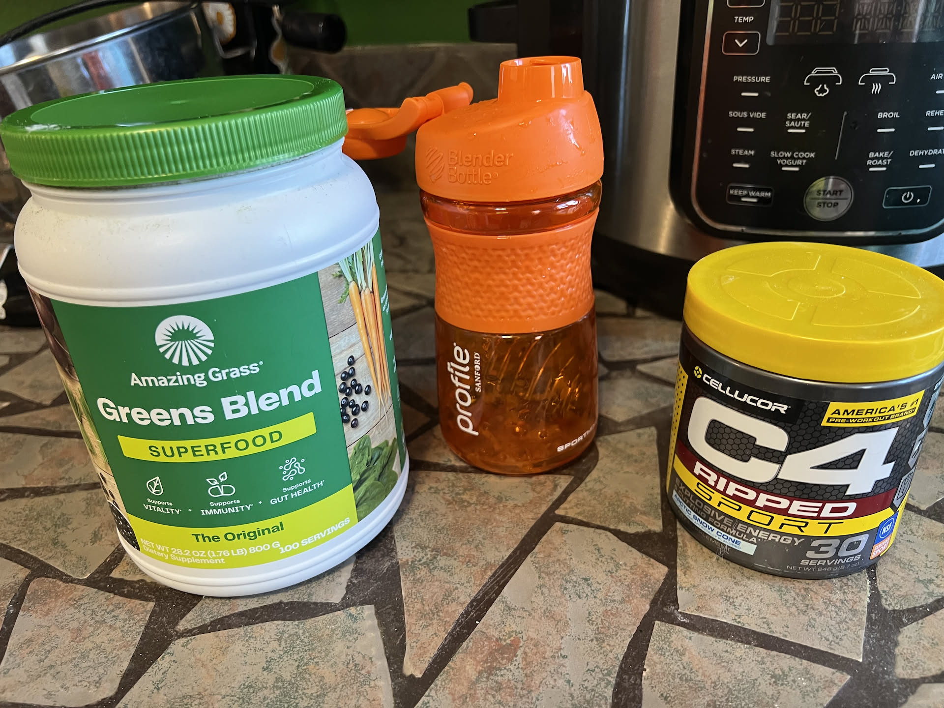 Starting the morning off a little different today. Mixed in Nick’s greens is a half scoop of C4 pre-workout… it sure helped cut the taste of the greens and made Nick’s face tingle.