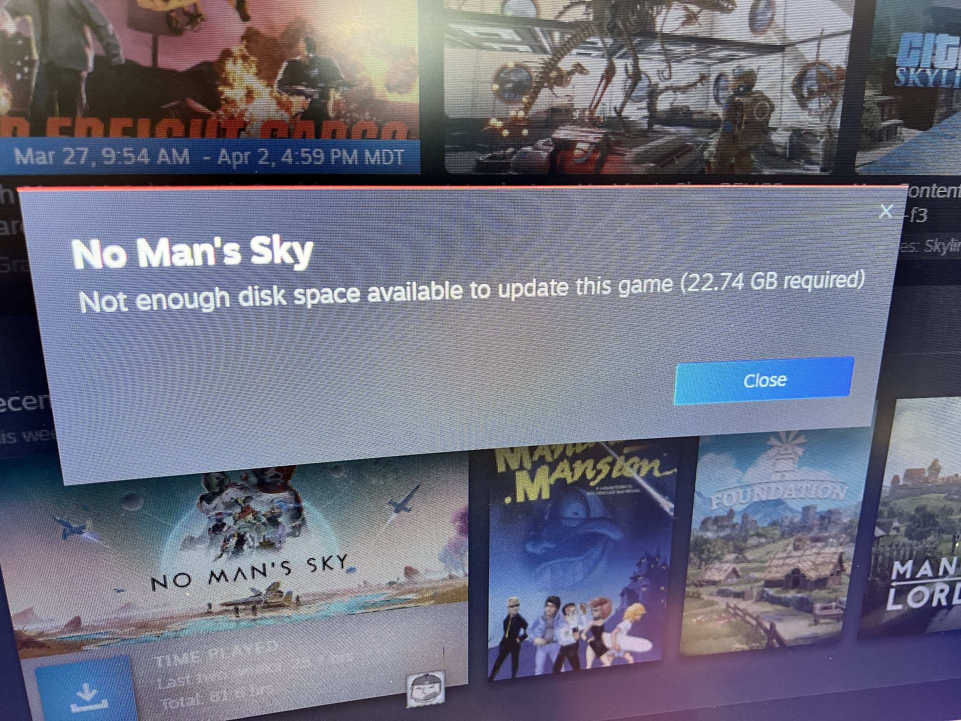 Nick tried to play one of his games today, and it had a major update… so big he had to delete games on his computer just to update.