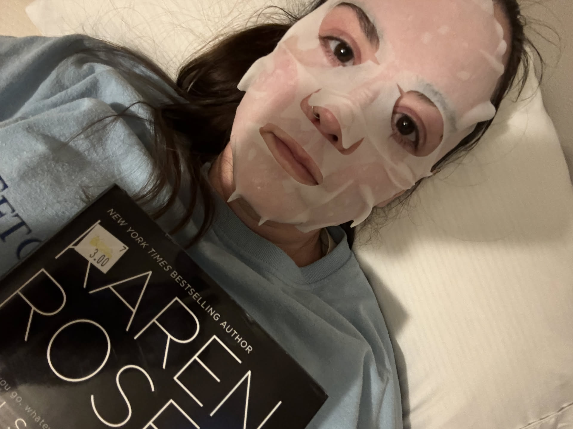 Self-Care Sunday, Deanna took some time to do a face mask and a little reading.