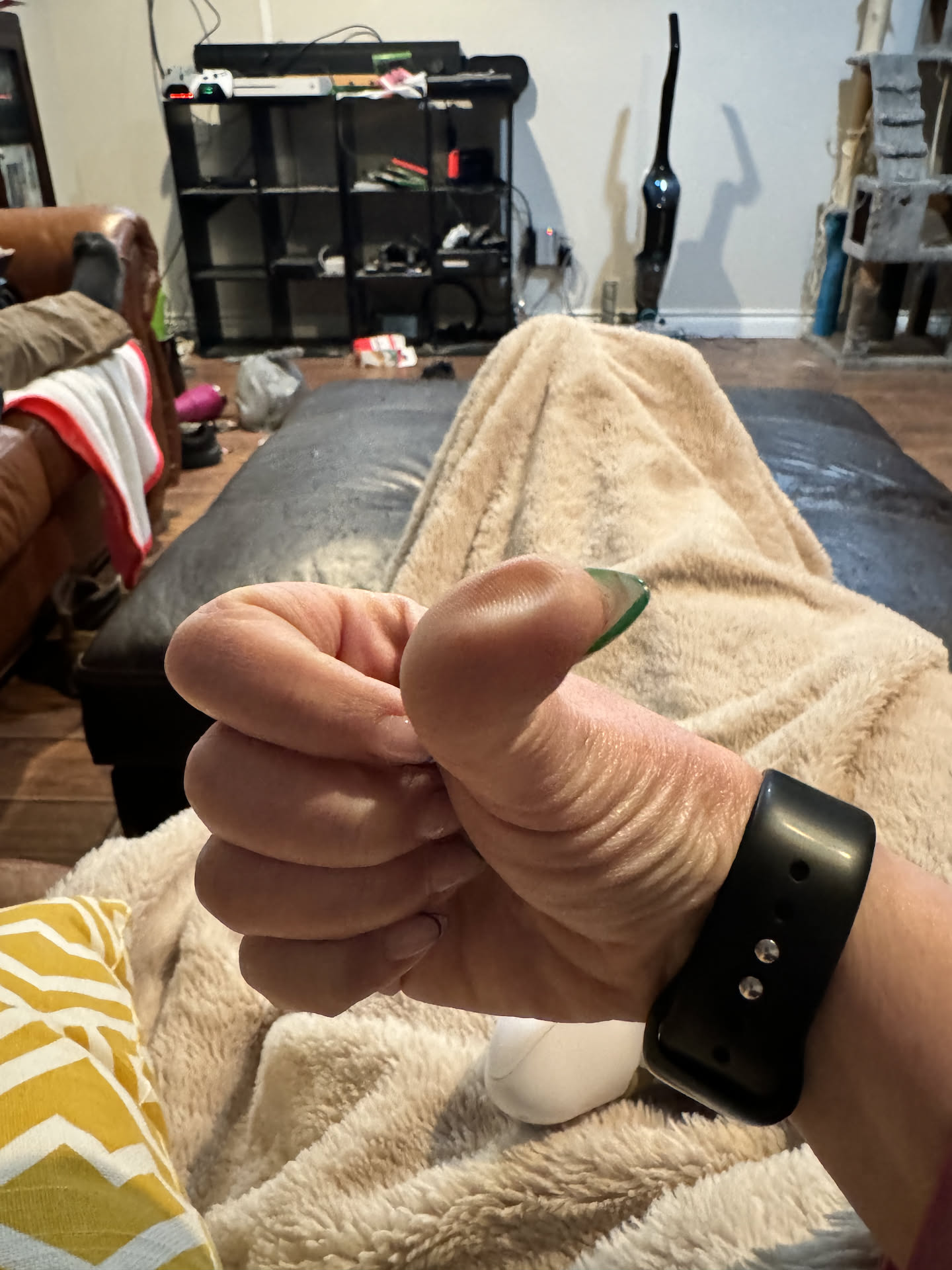 Deanna and Avery played some Mario Kart downstairs, and Deanna is showing that she was pushing the buttons so hard it left a dent in her thumb lol.