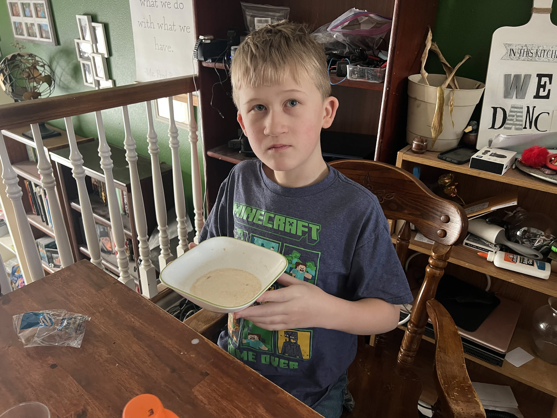 Early morning rise so that we can get to the store and get it open. Ethan quickly having some breakfast.