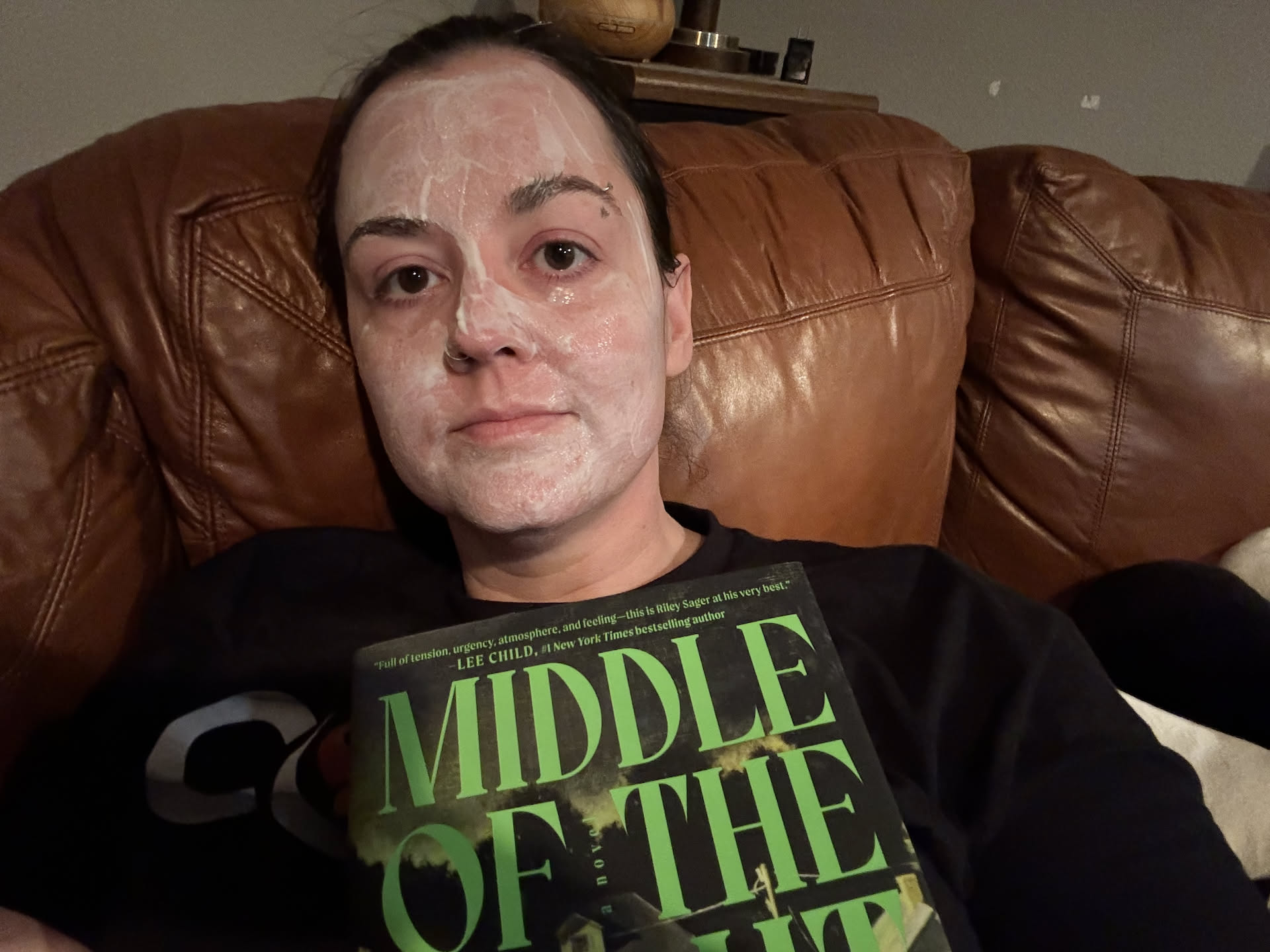 After dinner, Deanna took a little time to relax with her book and do a face mask.