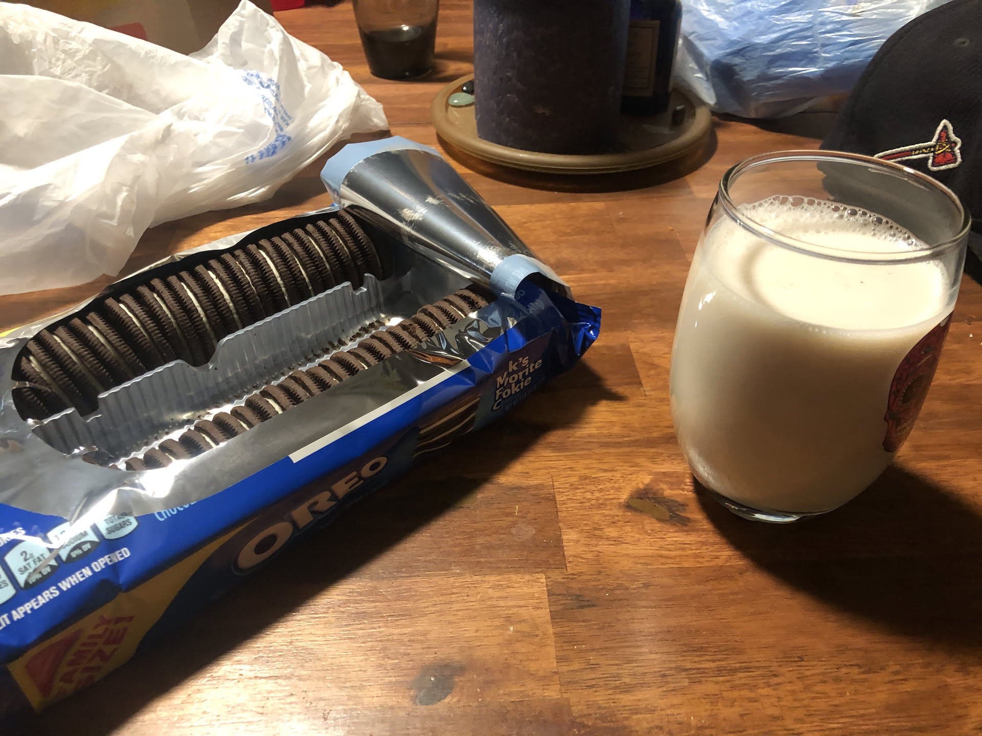 After work (closing Pix), Nick had Oreos and milk as a snack.