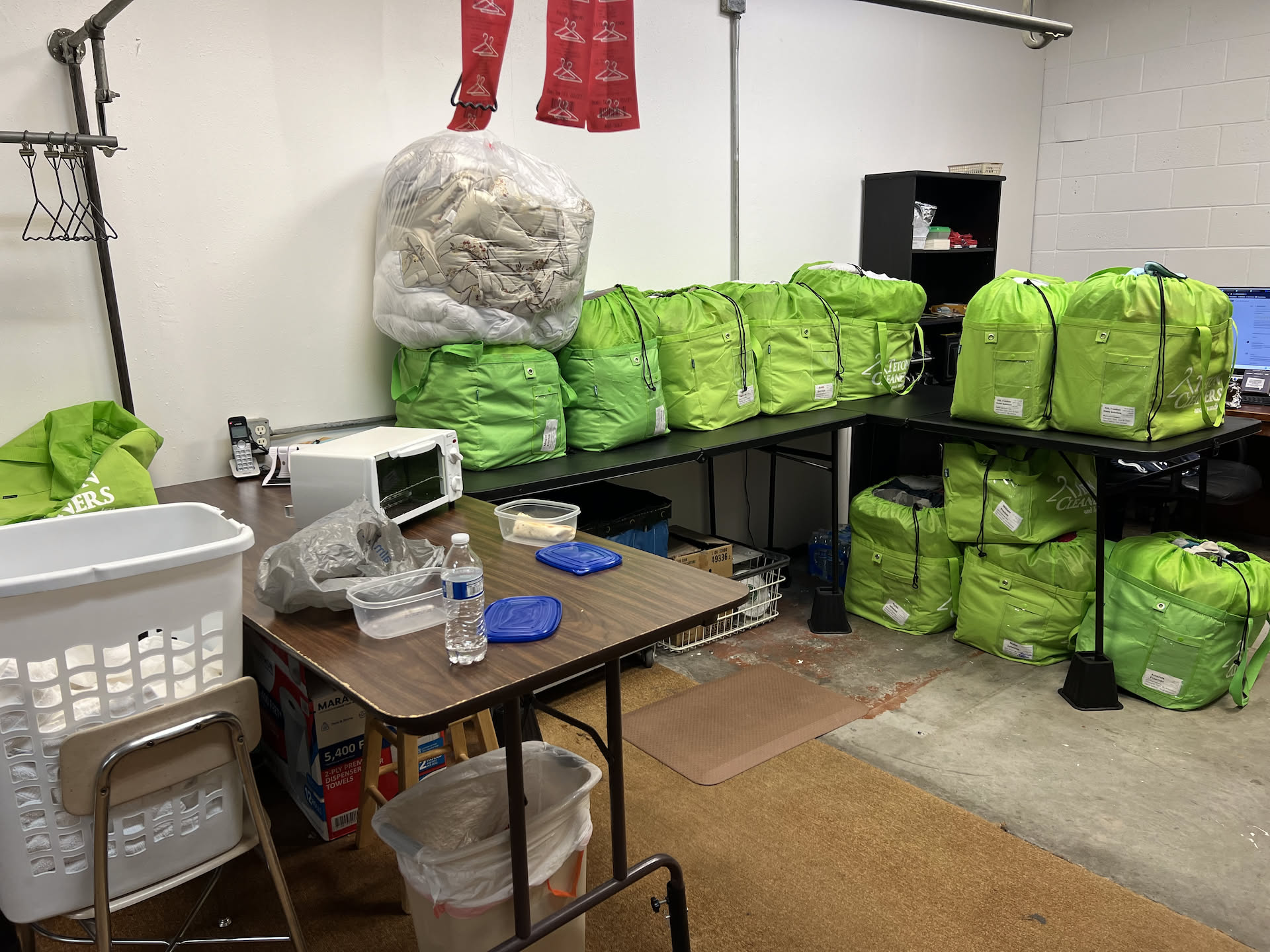 Was quite the wash and fold for today. Our crew almost got it all done, just left maybe half a bag for Deanna to finish up. Nick isn’t looking forward to the pick up and deliveries tomorrow lol.