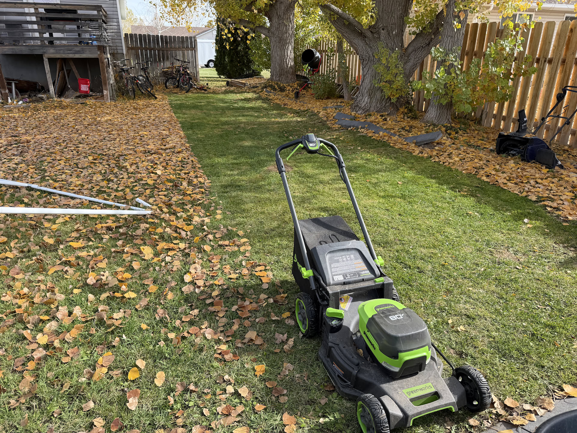 For the back yard, I’m going back to the mower method, this will get the bulk for now and get the grass low so I can use the sweeper.