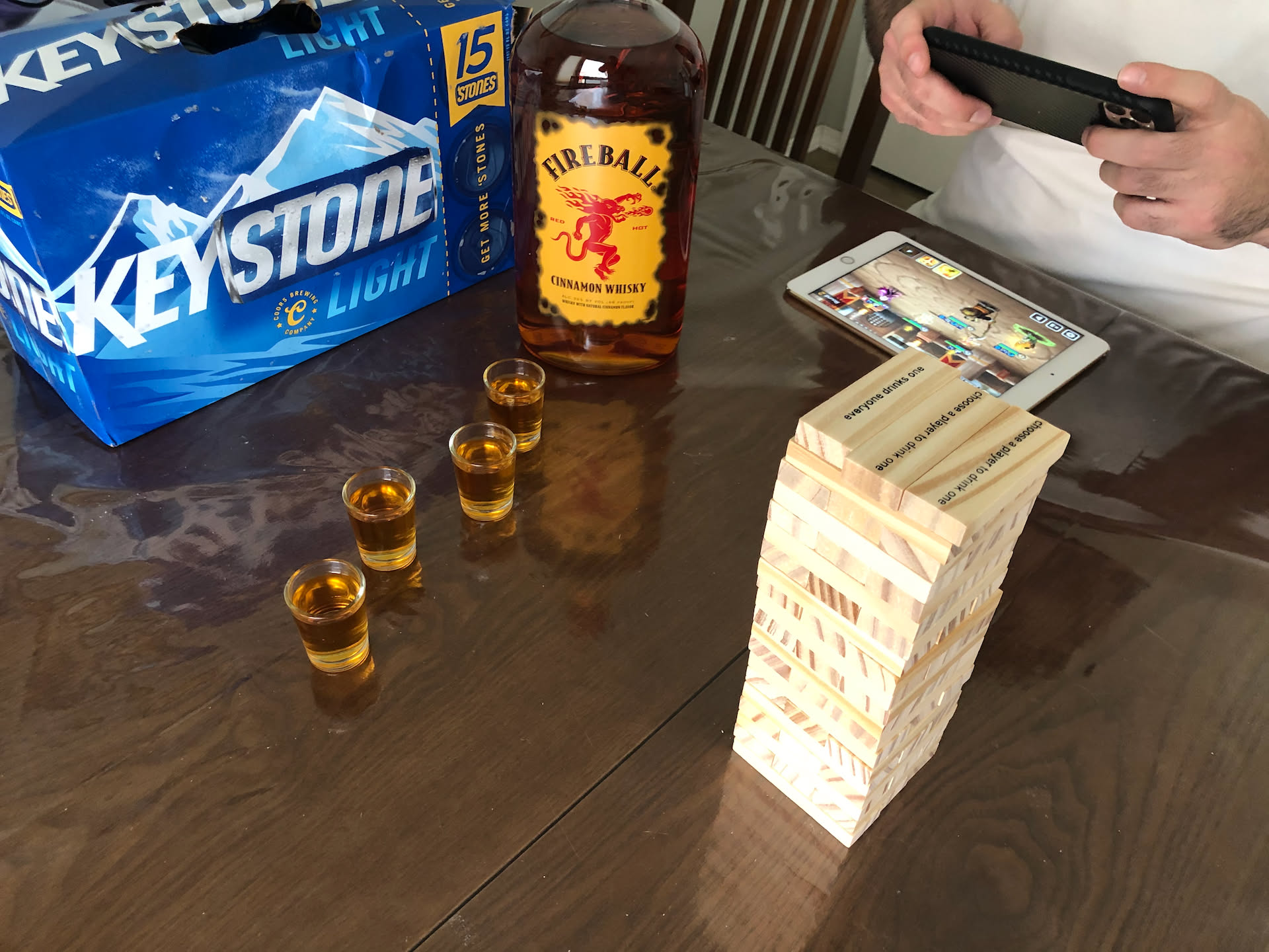 Tyson and Amber got Deanna and I a Christmas gift, of a drinking game version of Jenga… luckily the shot glasses it came with were 1/2 shot size… but by the end of the second game, we were hurting pretty bad lol.