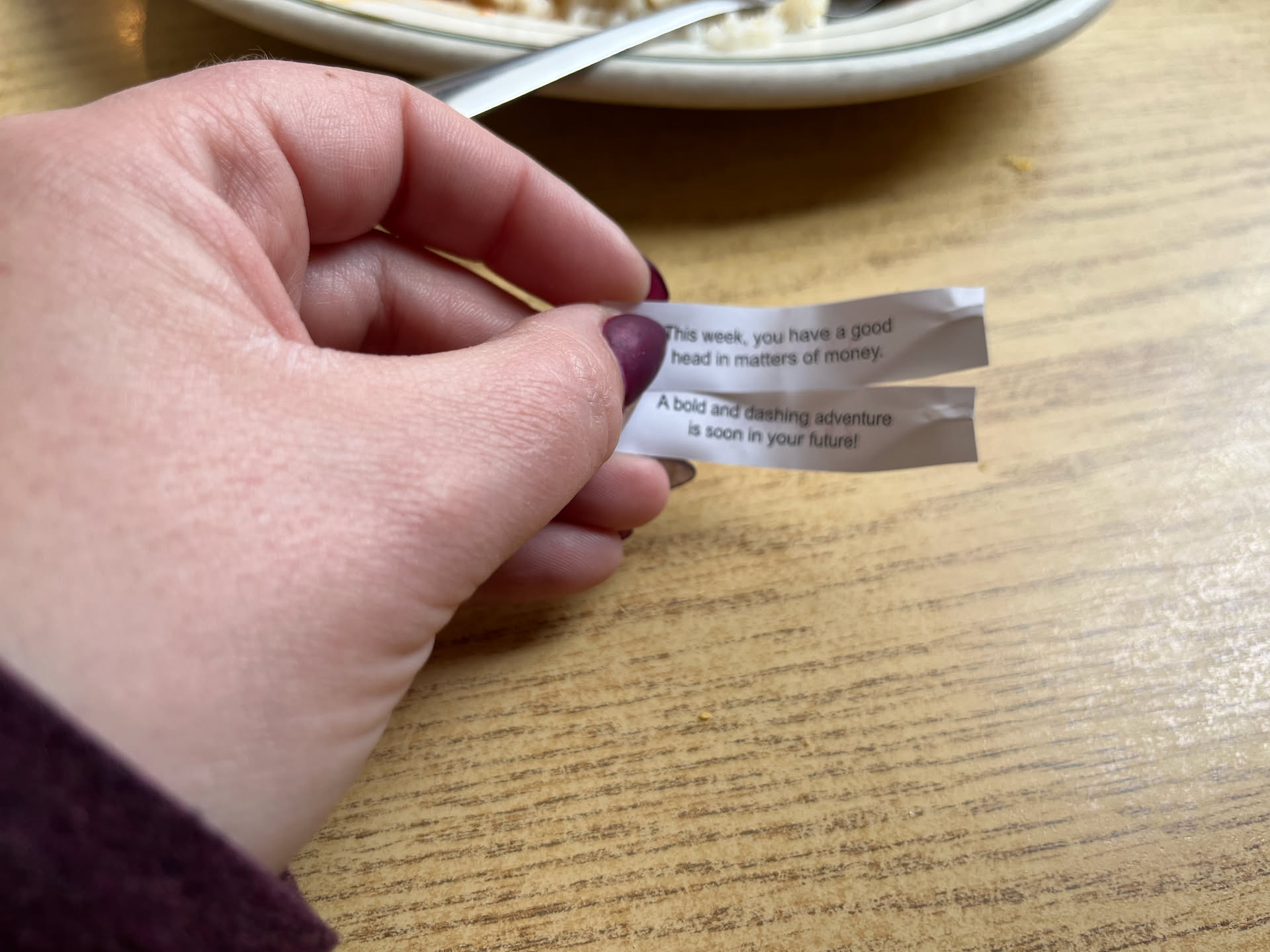 For lunch, we went and had some Chinese food, and Deanna got two fortunes in her cookie.