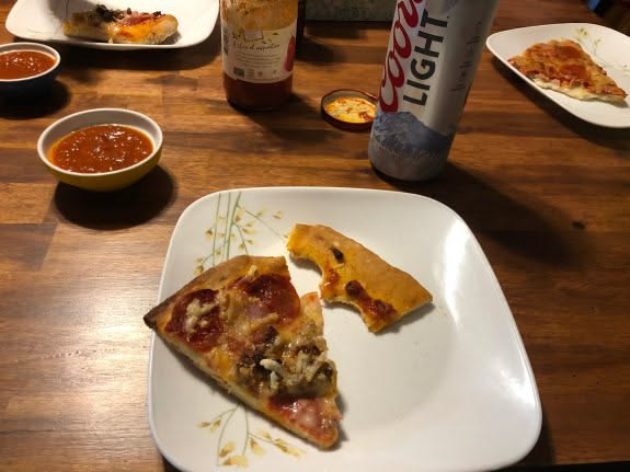 And here is the finished pizza matched with some dinner drinks… was actually really good!