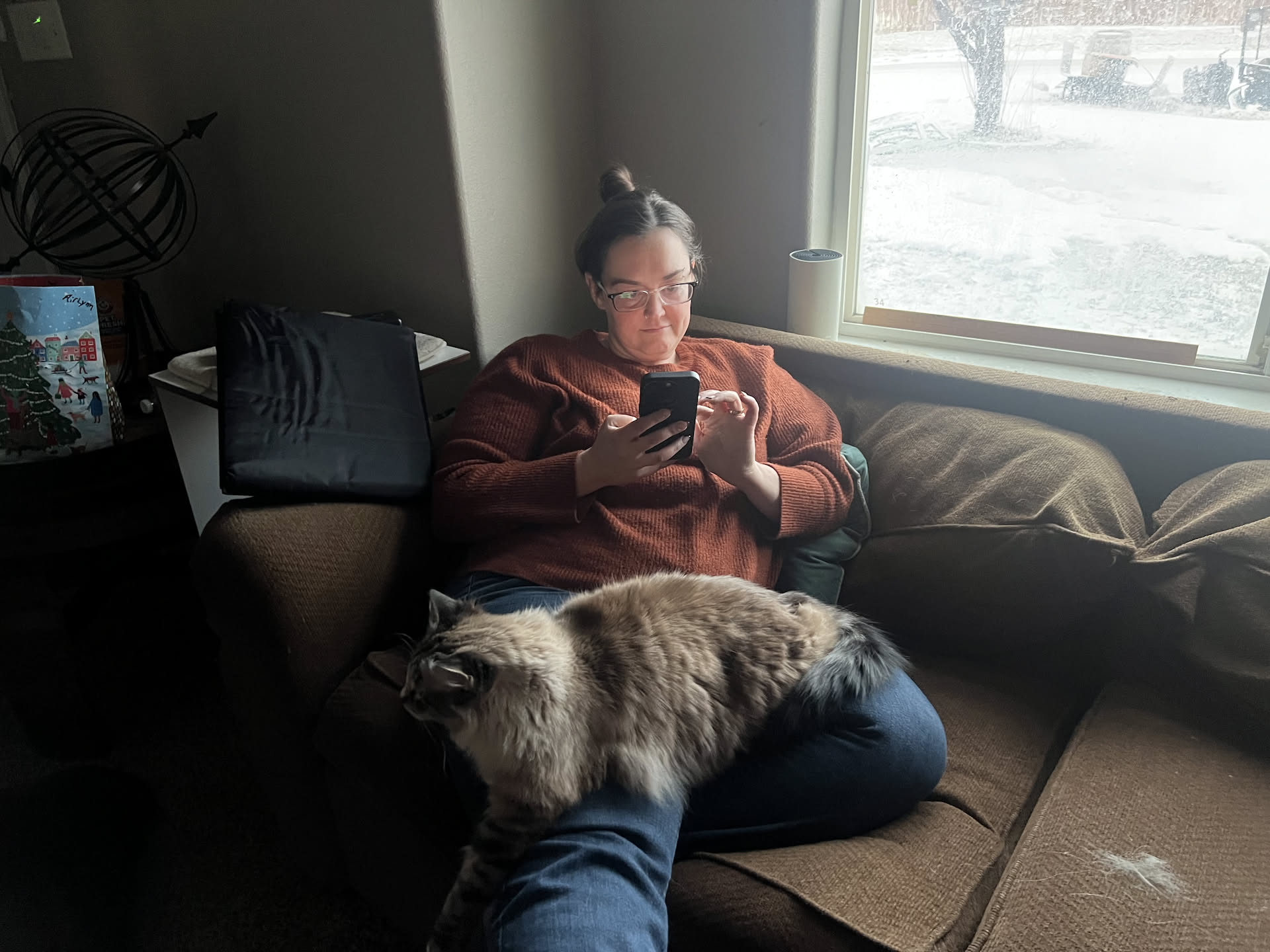 After Deanna got off work, she had some stressful conversations with family… Maynard could feel the stress and laid on her to comfort her.