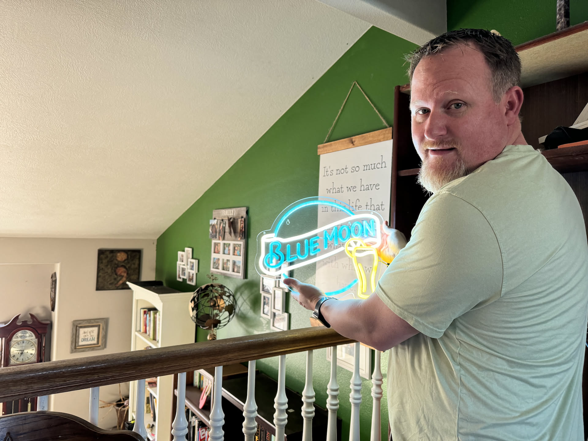 Nick wanted to check the LED sign he picked up at the Bin Store… works great. He is building a bar downstairs, and this will go great with it.