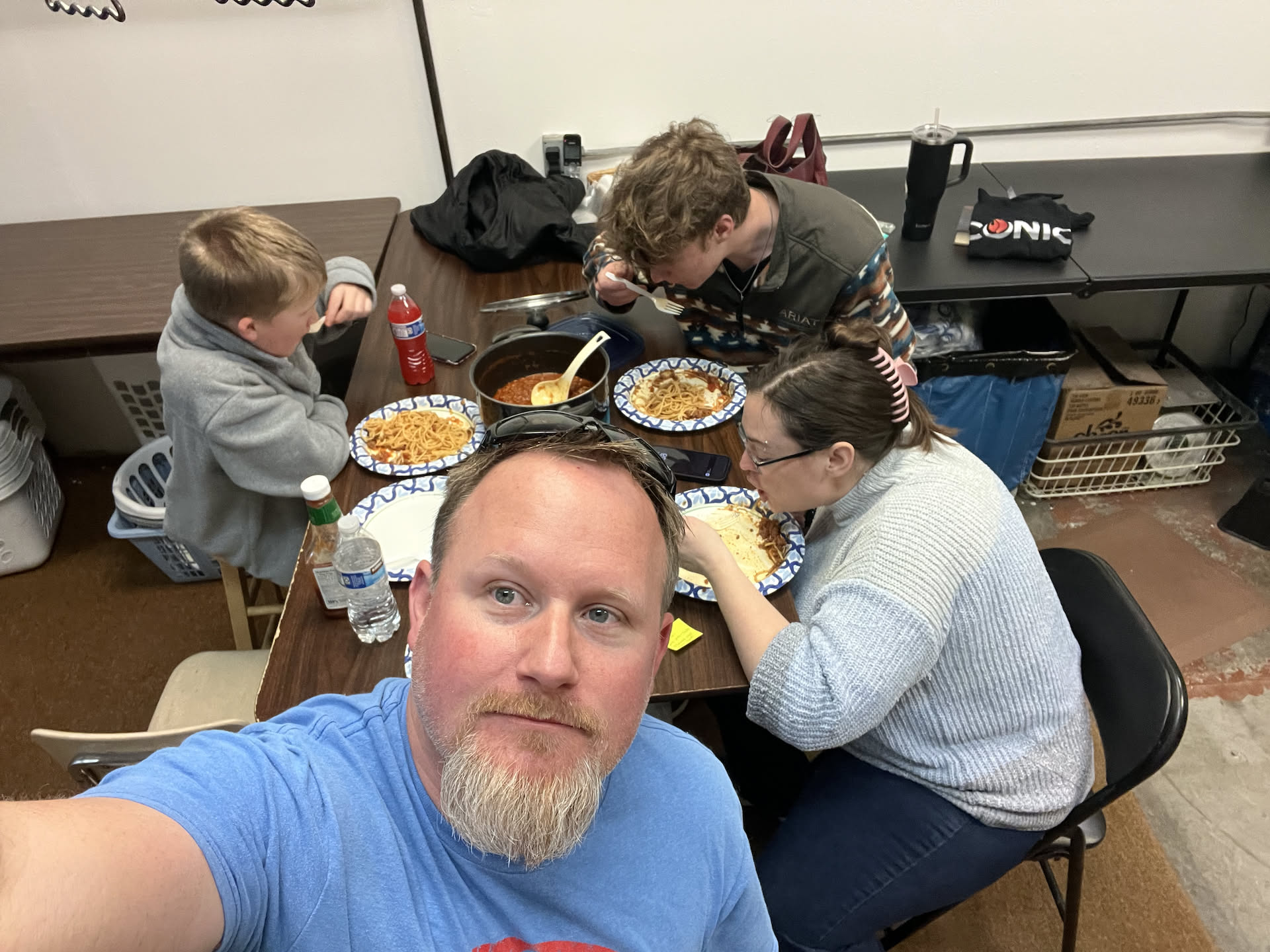 The boys arrived with dinner, and we had to hurry and eat because we had a surprise for them.
