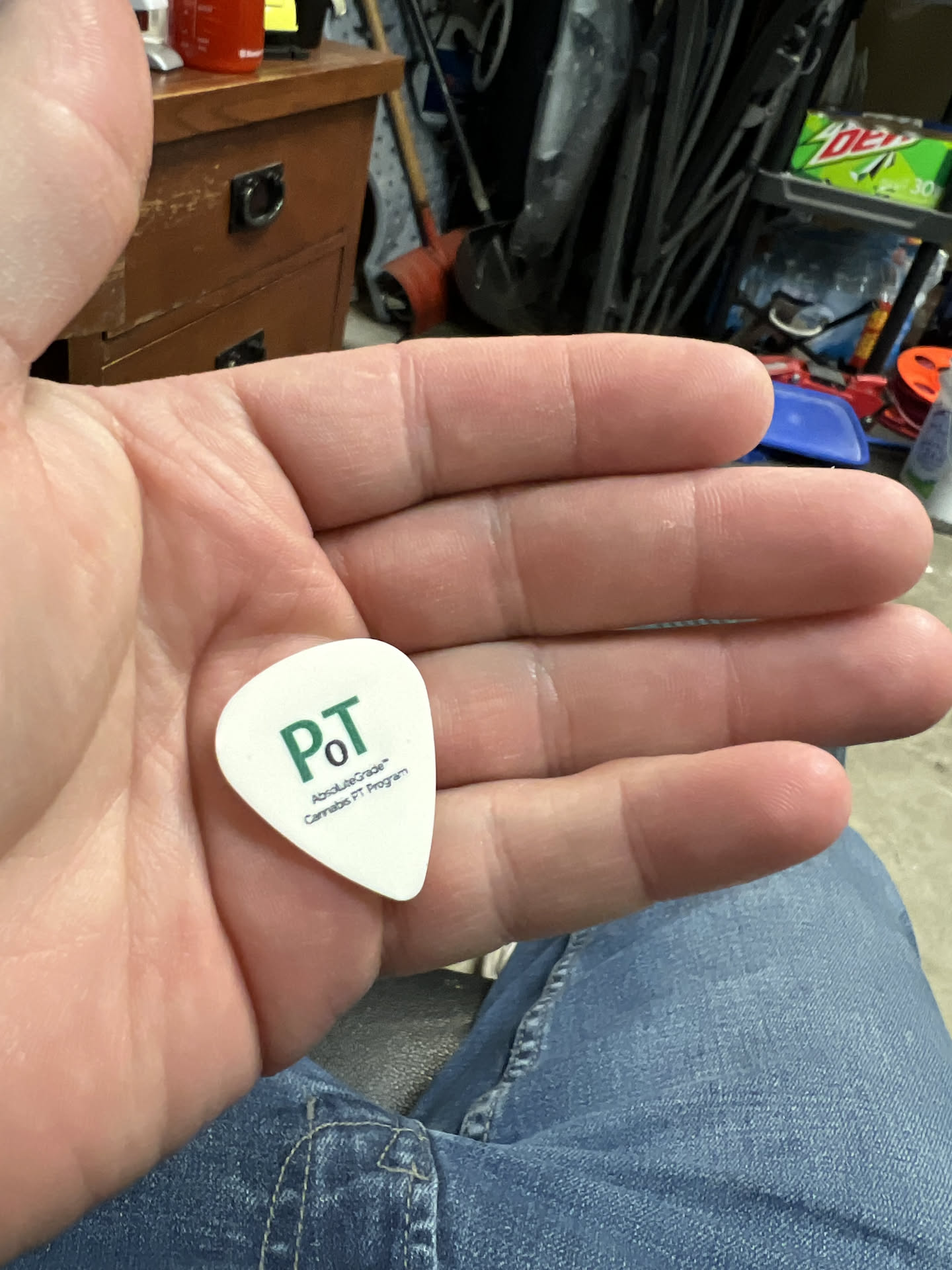 While cleaning, Nick found a guitar pick with POT on it… a weed pick lol.