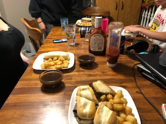 Dinner time, we had French Dips and tater tots.