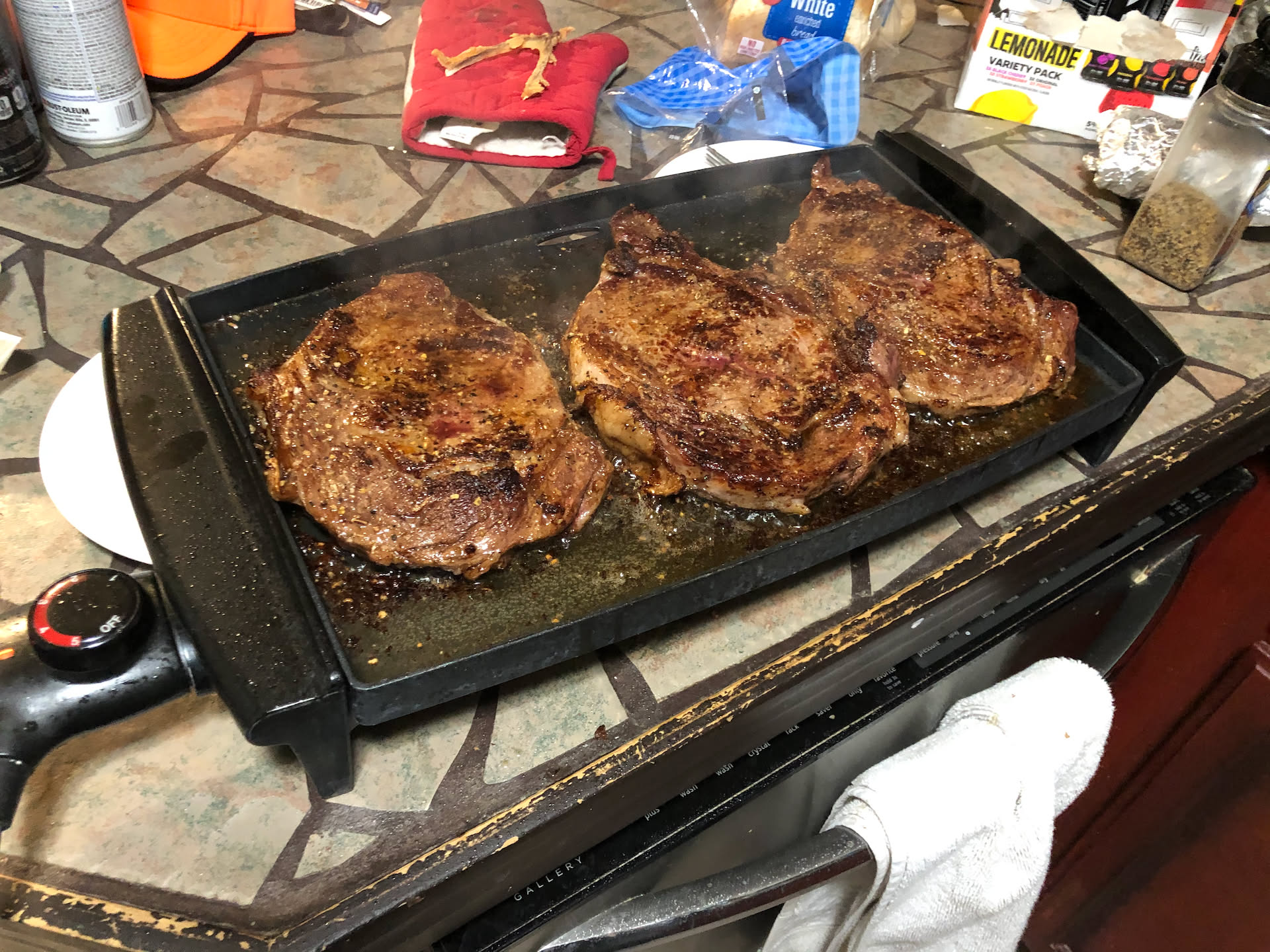 For dinner, Nick grilled up some ribeyes, was an experiment doing it on the griddle, they didn’t turn out too bad!
