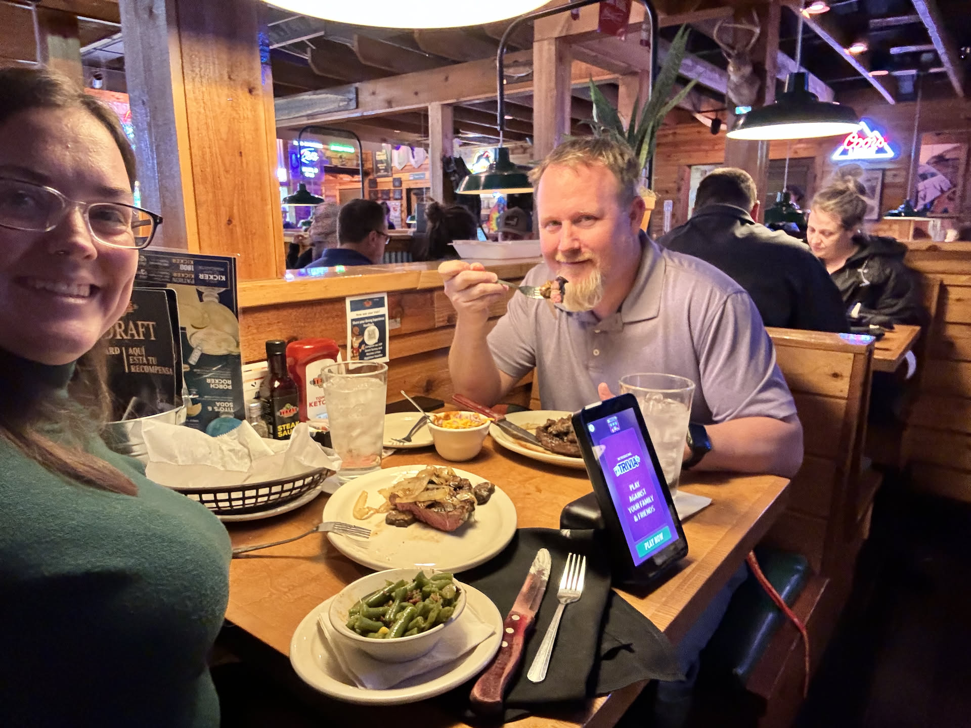 They were busy, but we got right in. Deanna and Nick shared a meal and still had left overs!