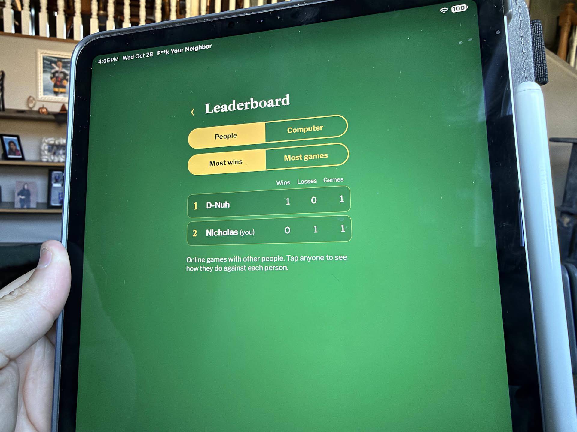 Added a leaderboard to the game I made and of course Deanna had to get the first win.