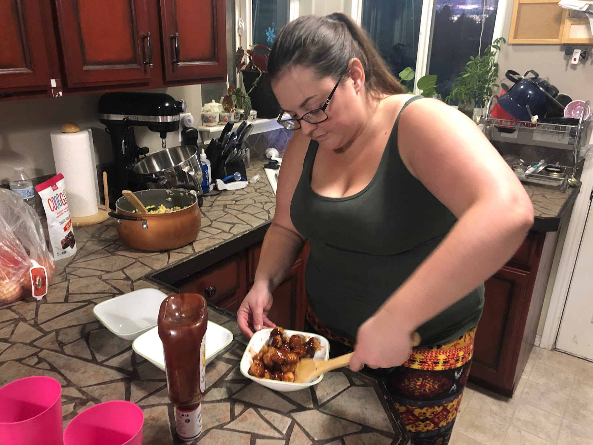 Making the BBQ “Chicken” for the Mac-N-Cheese