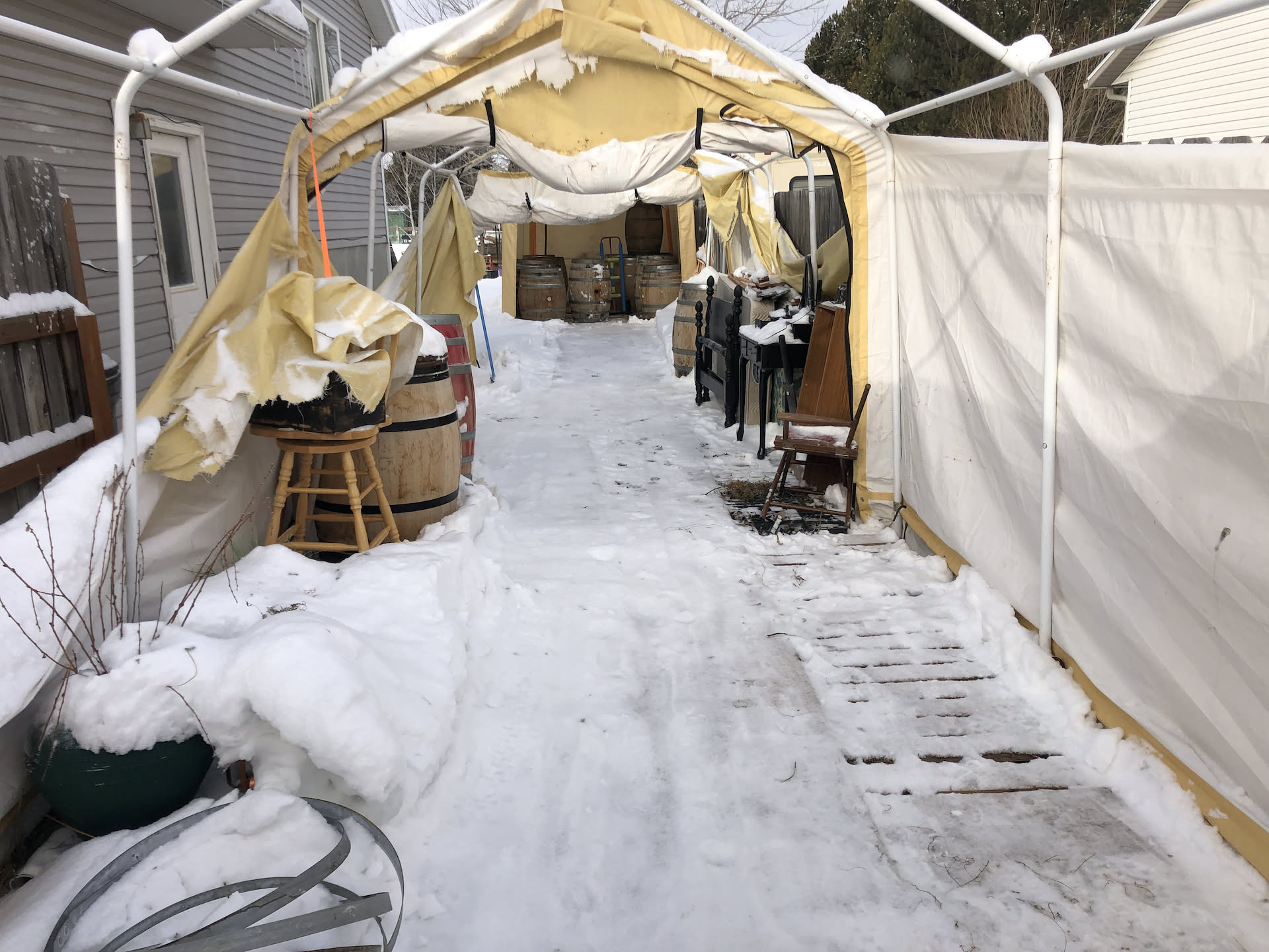 After the league, we had someone coming to buy some barrels, but as some of you know, the snow and wind this year brought down 3 of our 4 tents, so Nick had to spend hours digging out the tents so the customer could get to our remaining barrels.