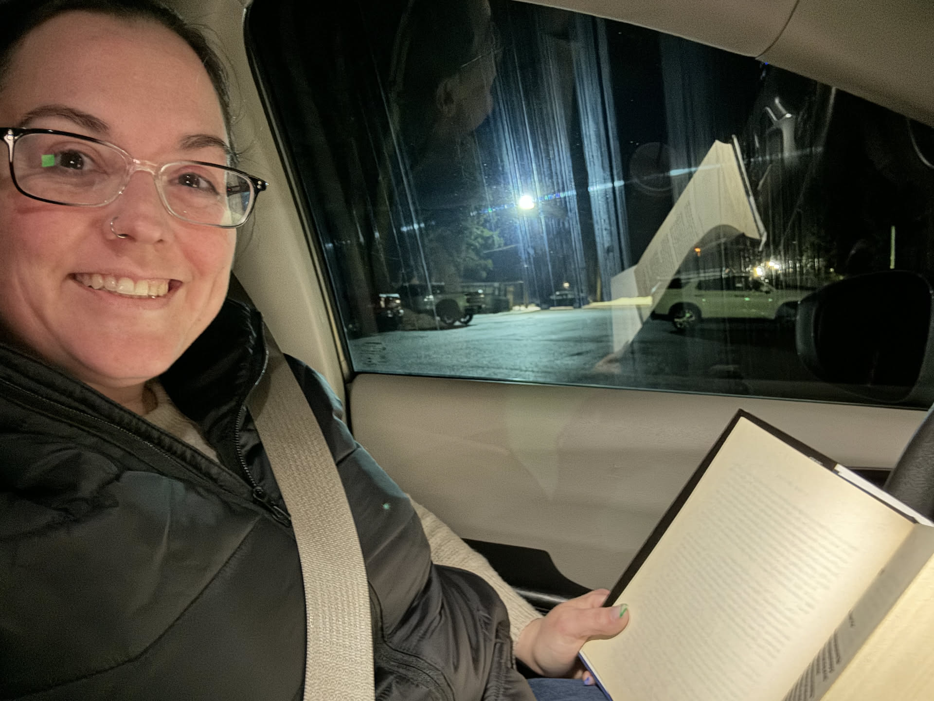 Deanna got to stay in the car to enjoy some reading.