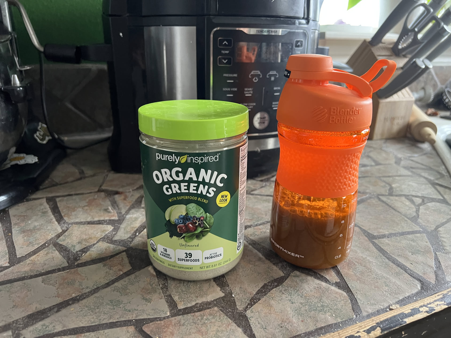 Waking up, but Nick got to try out his new shaker cup this morning with his morning greens.